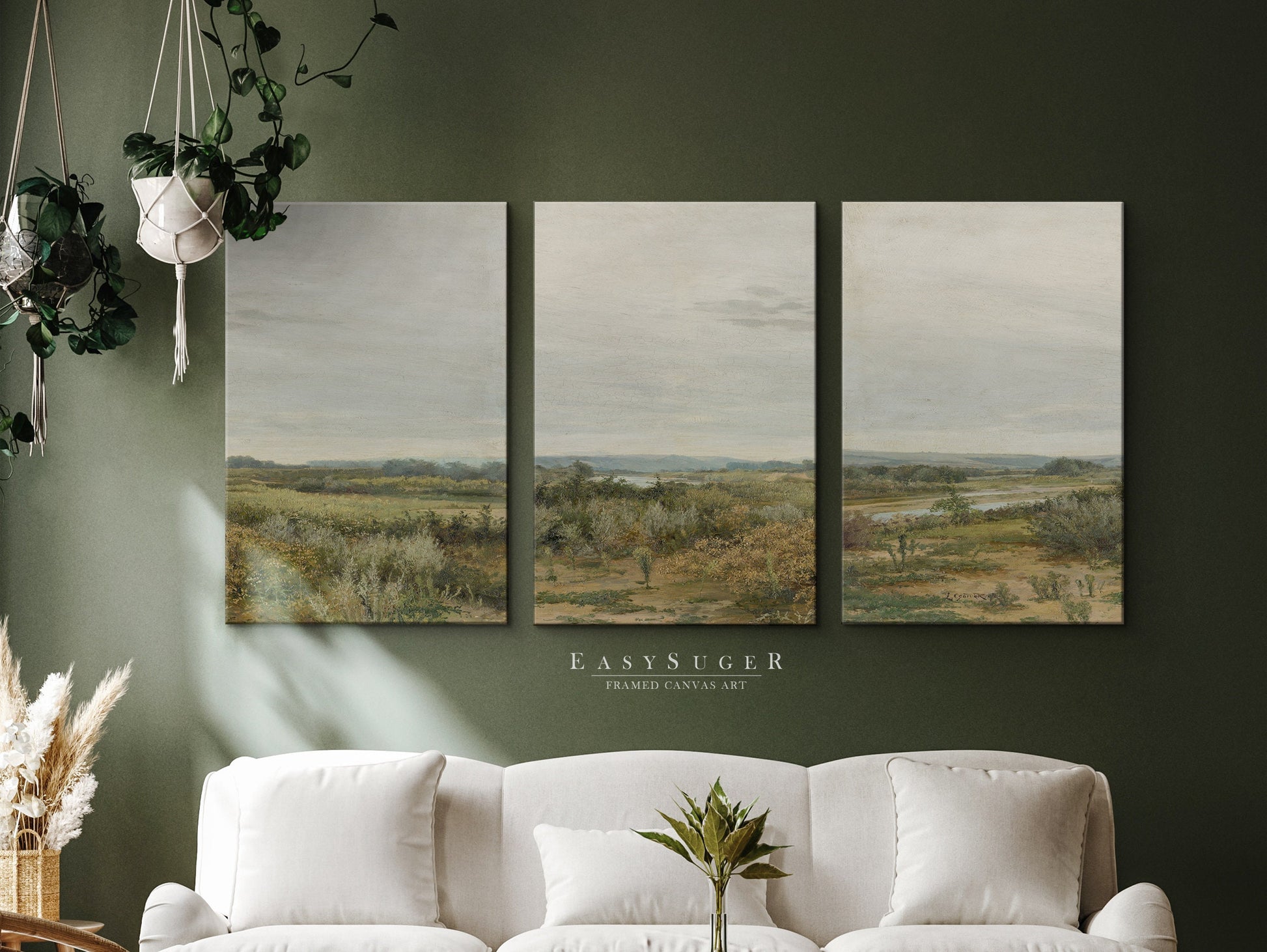 EasySuger 3 Panels Wildfield Landscape Wall Art, Vintage Nature Framed Large Gallery Art, Antique Art Ready to Hang