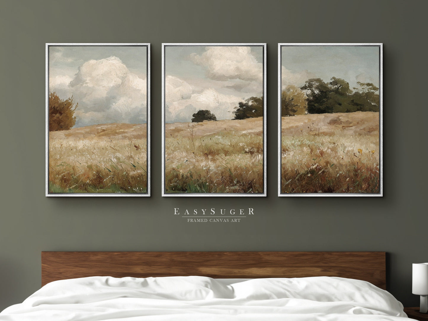 EasySuger 3 Panels Wildfield Landscape Wall Art, Vintage Nature Framed Large Gallery Art, Antique Art Ready to Hang