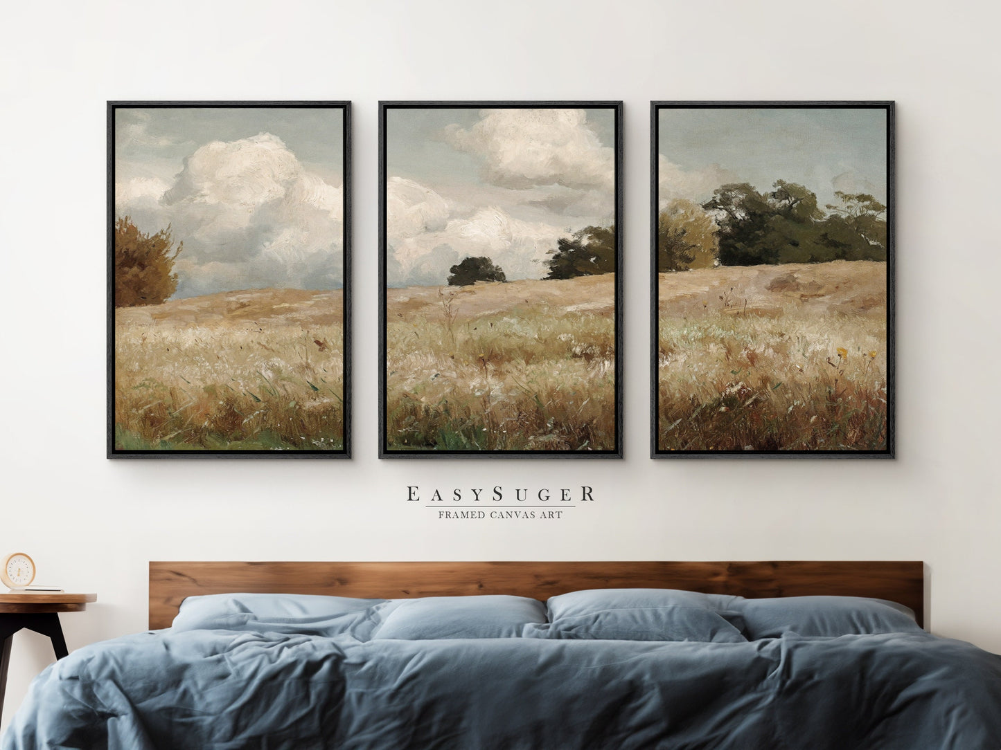 EasySuger 3 Panels Wildfield Landscape Wall Art, Vintage Nature Framed Large Gallery Art, Antique Art Ready to Hang