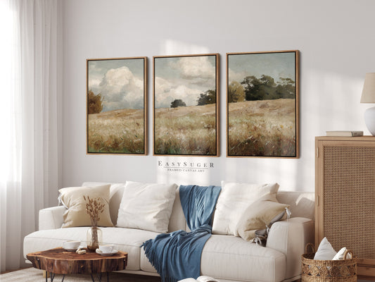 EasySuger 3 Panels Wildfield Landscape Wall Art, Vintage Nature Framed Large Gallery Art, Antique Art Ready to Hang