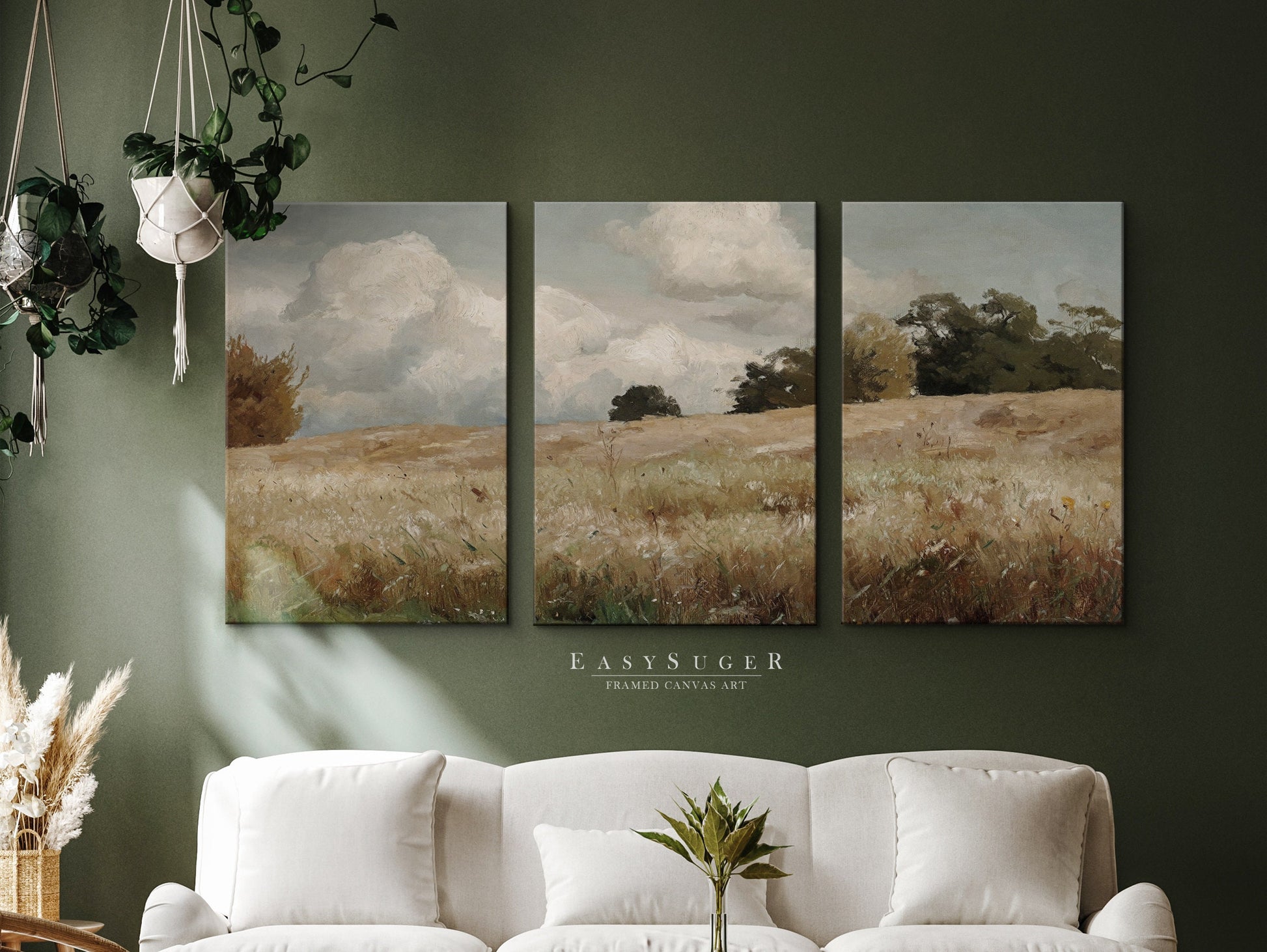 EasySuger 3 Panels Wildfield Landscape Wall Art, Vintage Nature Framed Large Gallery Art, Antique Art Ready to Hang