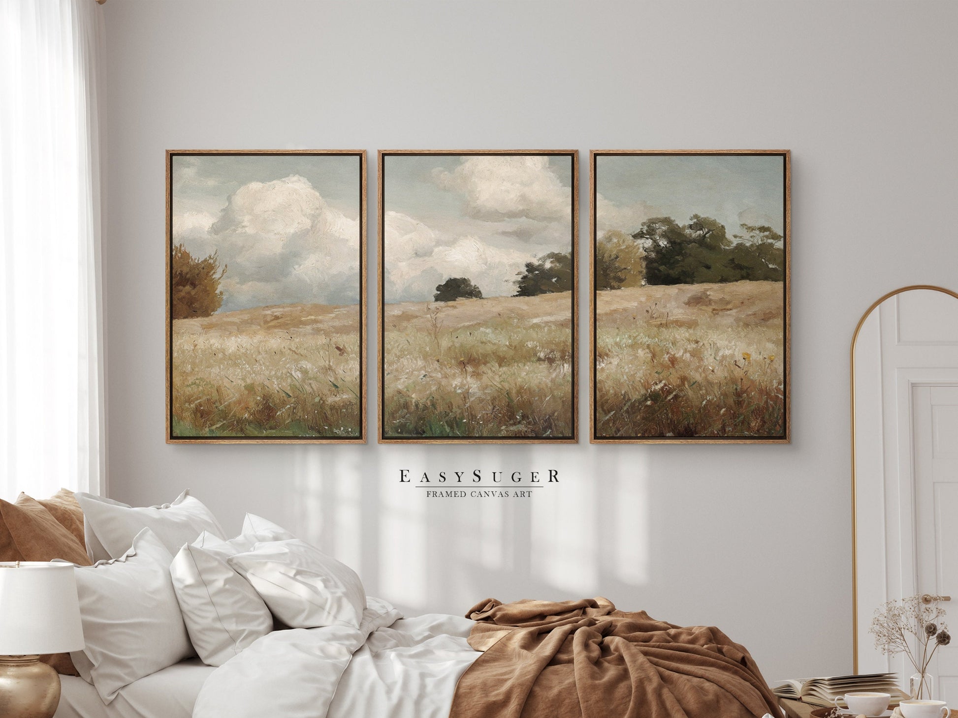 EasySuger 3 Panels Wildfield Landscape Wall Art, Vintage Nature Framed Large Gallery Art, Antique Art Ready to Hang