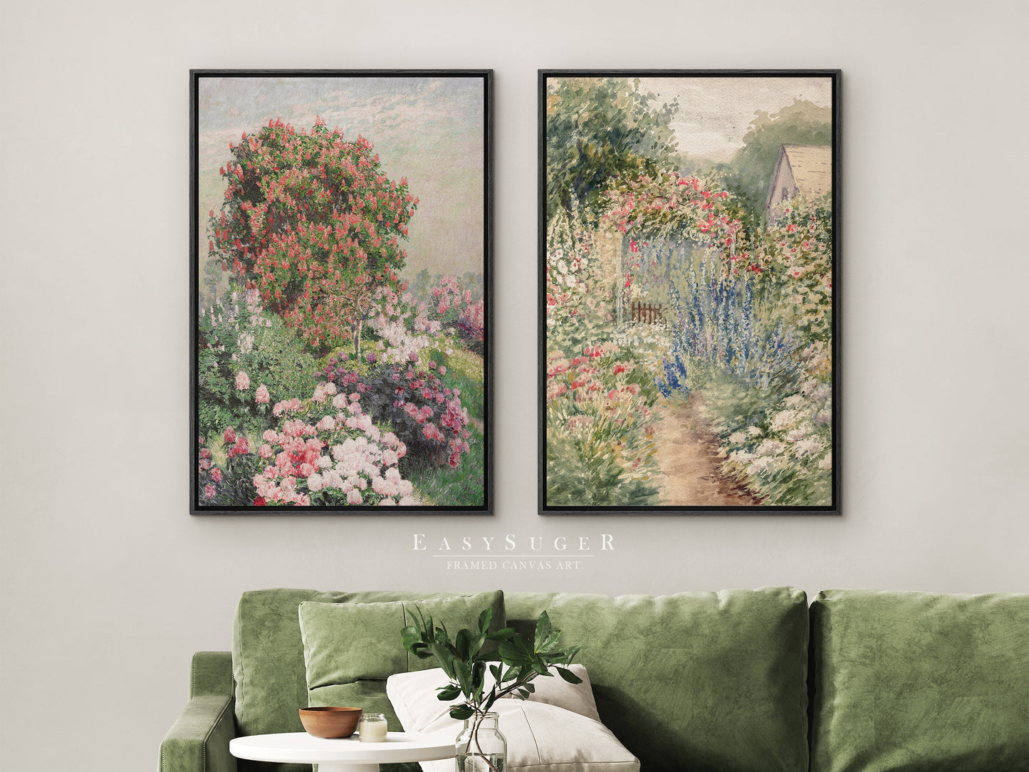 EasySuger 2 Panels Flowers Garden Wall Art, Vintage Nature Framed Large Gallery Art, Antique Art Ready to Hang