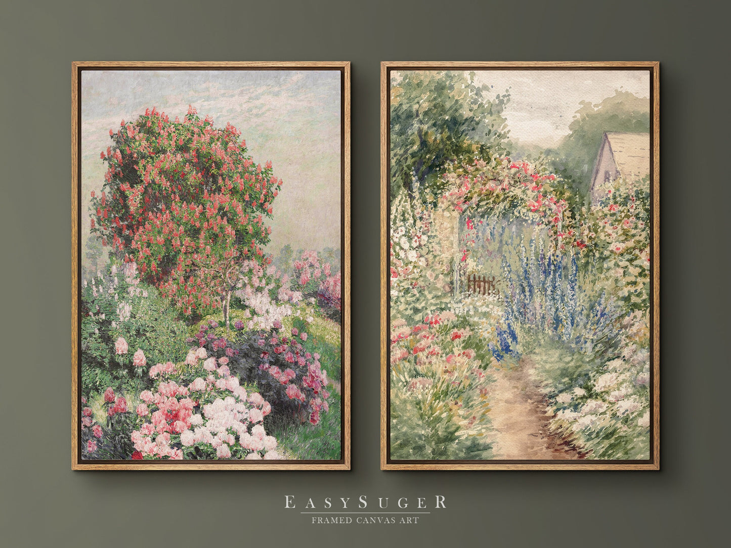 EasySuger 2 Panels Flowers Garden Wall Art, Vintage Nature Framed Large Gallery Art, Antique Art Ready to Hang