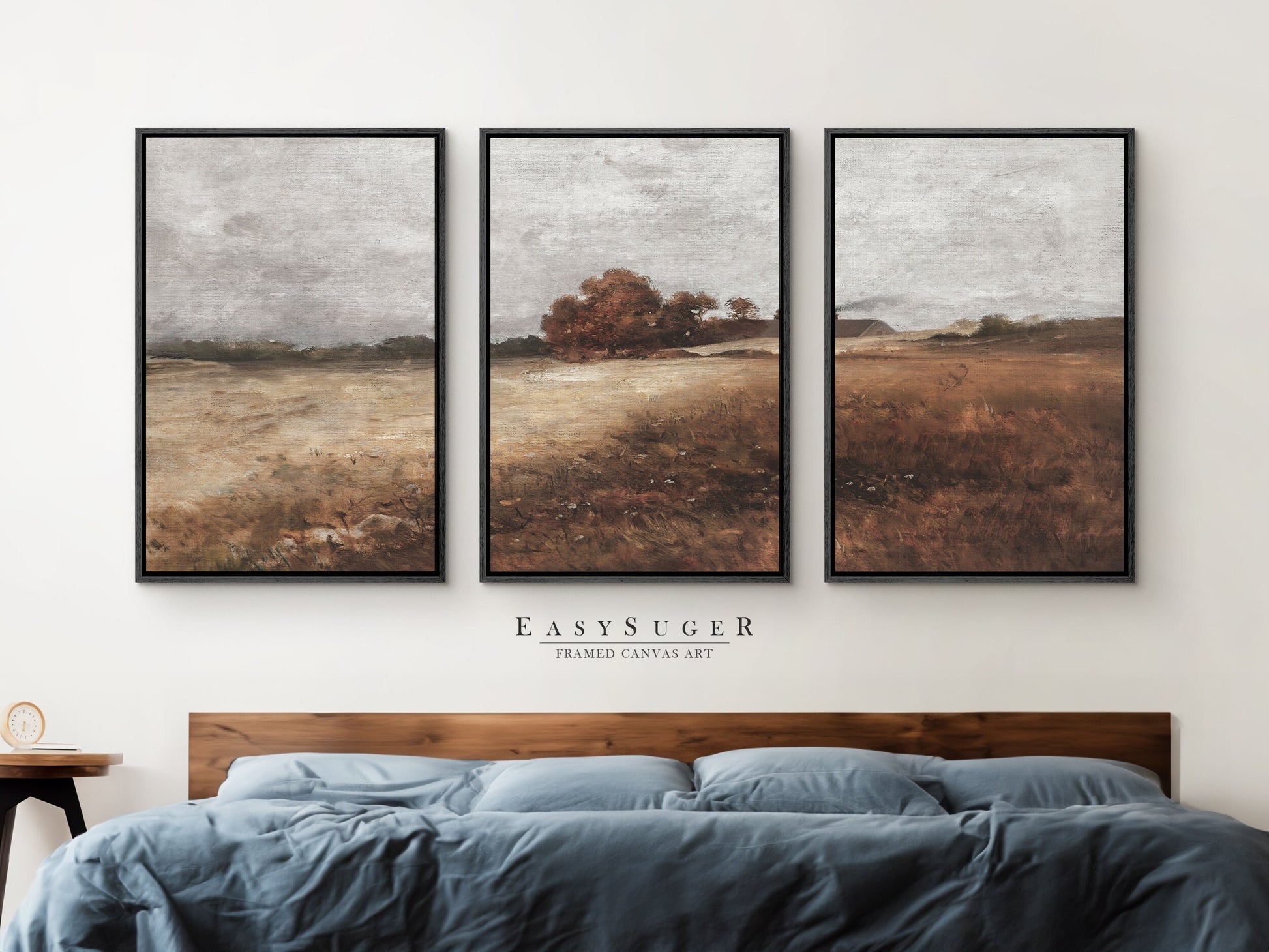 EasySuger 3 Panels Autumn WildField Landscape Wall Art, Vintage Nature Framed Large Gallery Art, Antique Art Ready to Hang