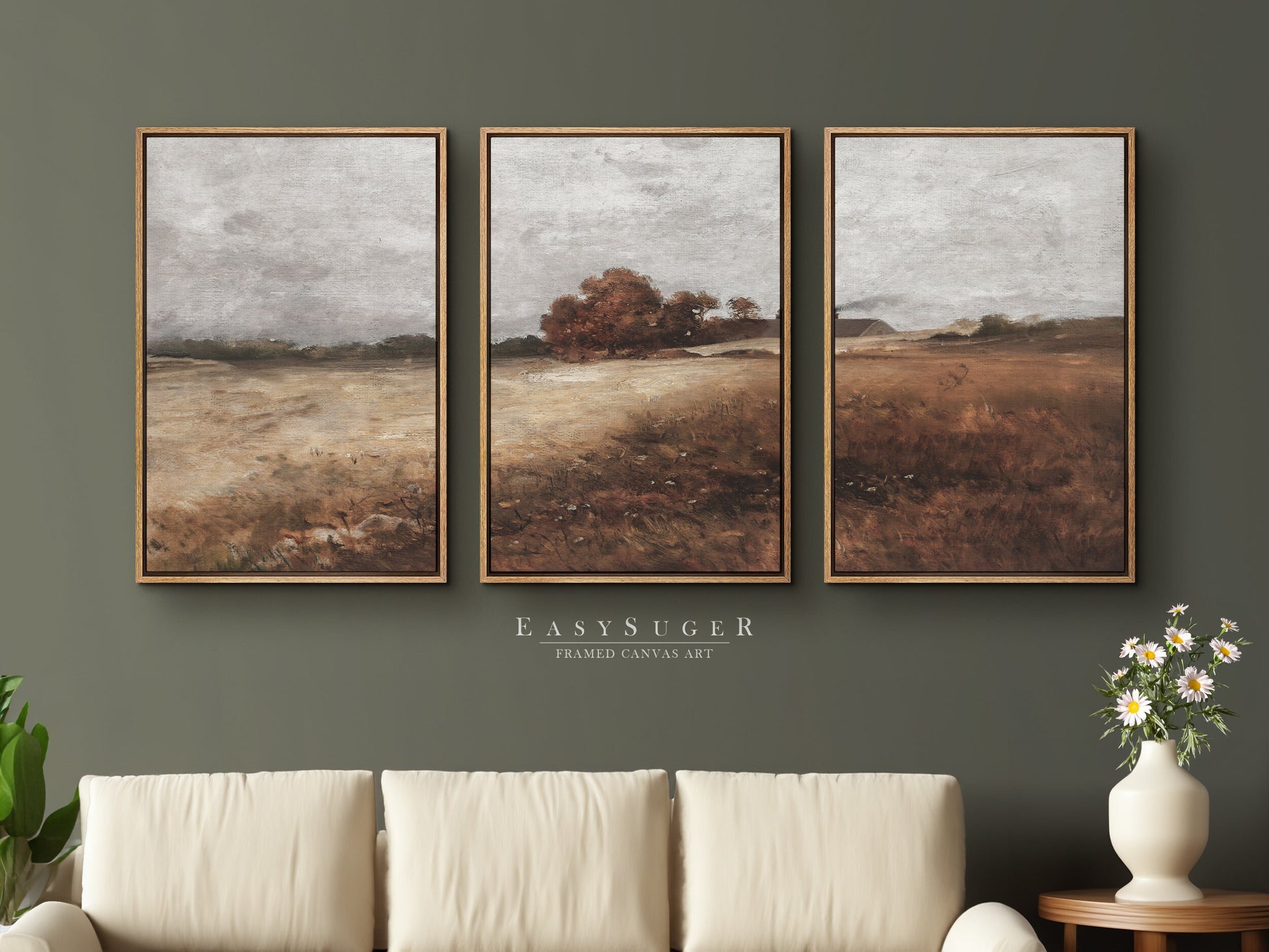 EasySuger 3 Panels Autumn WildField Landscape Wall Art, Vintage Nature Framed Large Gallery Art, Antique Art Ready to Hang