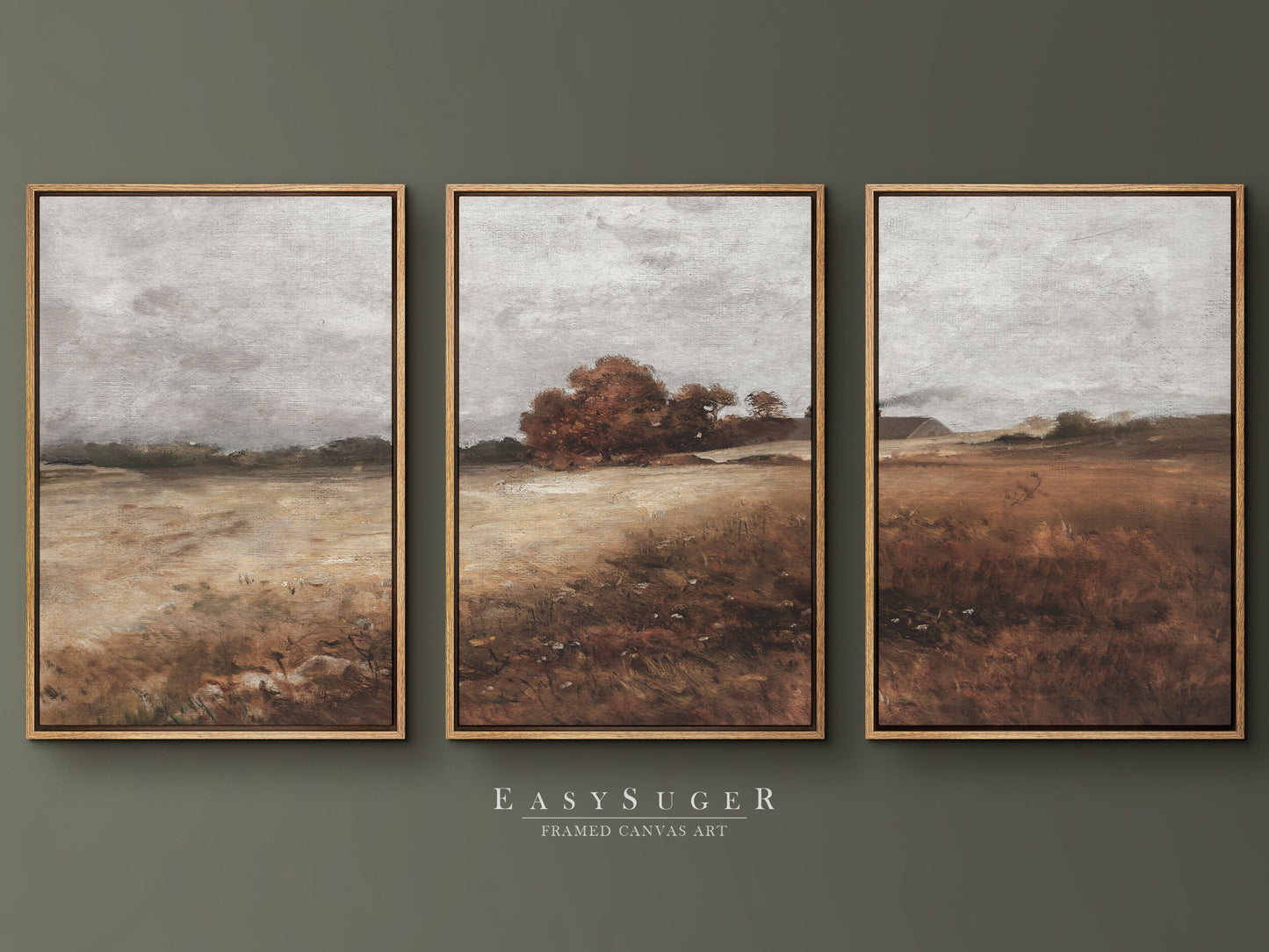 EasySuger 3 Panels Autumn WildField Landscape Wall Art, Vintage Nature Framed Large Gallery Art, Antique Art Ready to Hang