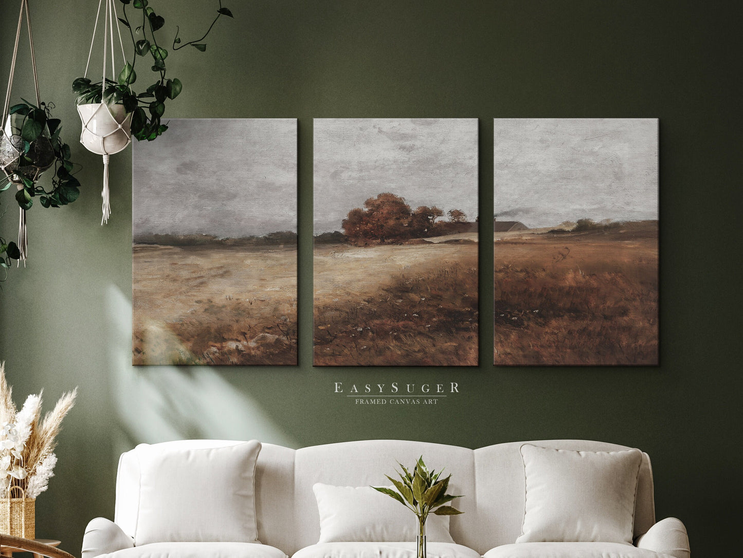 EasySuger 3 Panels Autumn WildField Landscape Wall Art, Vintage Nature Framed Large Gallery Art, Antique Art Ready to Hang