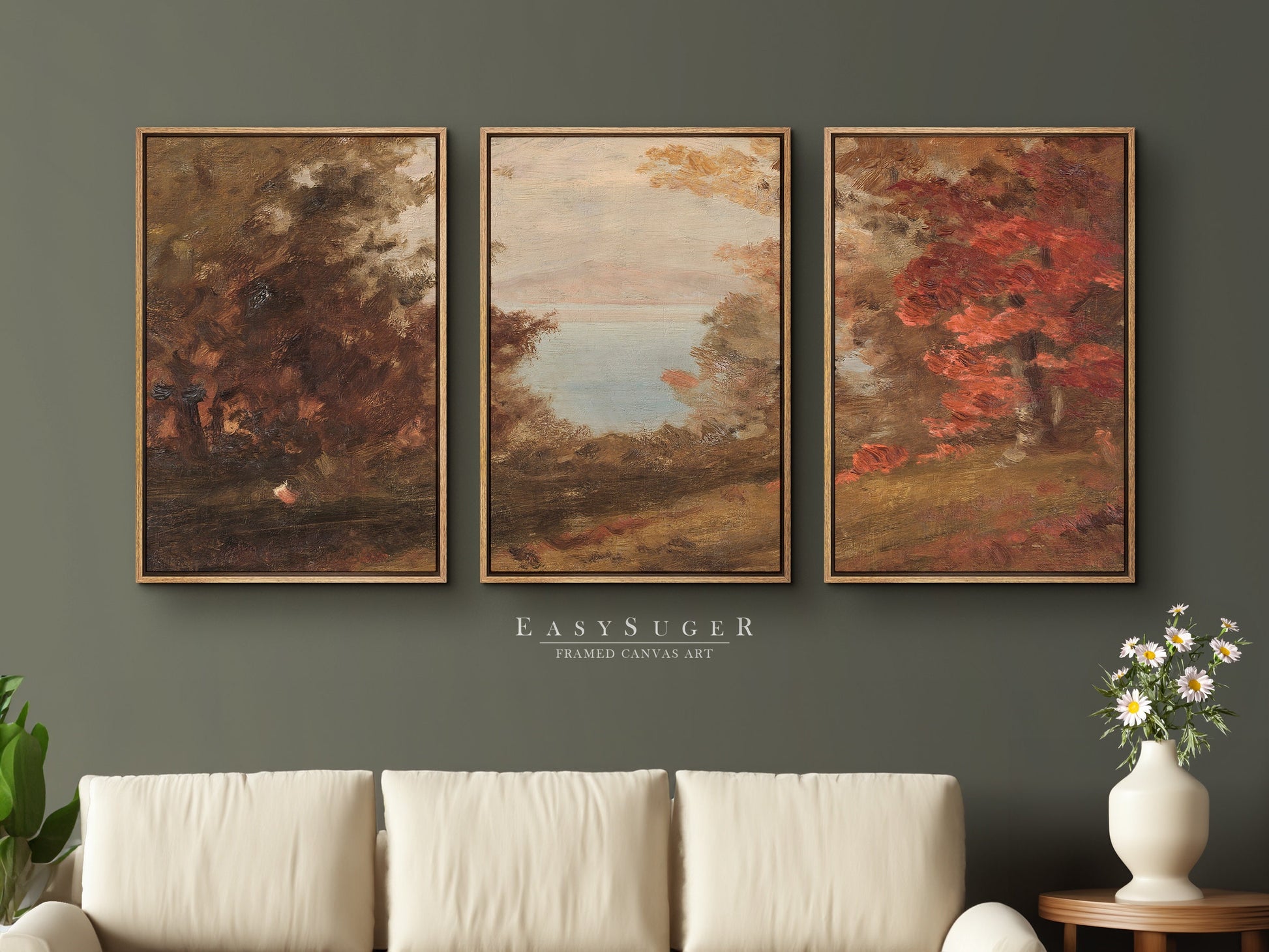 EasySuger 3 Panels Wildfield Landscape Wall Art, Vintage Nature Framed Large Gallery Art, Antique Art Ready to Hang