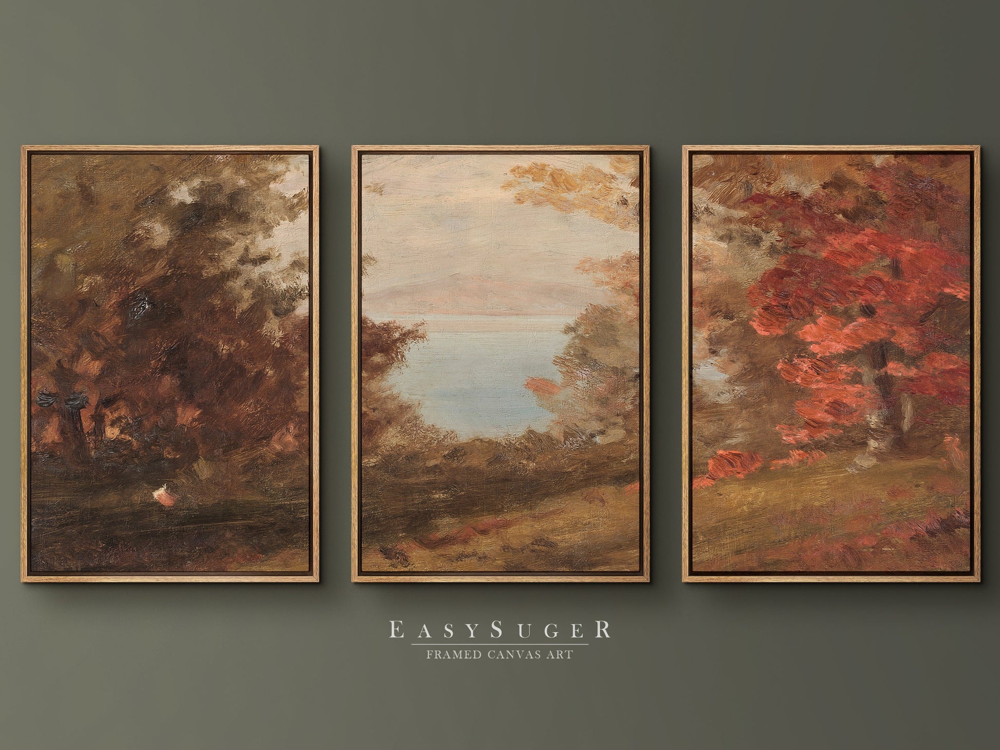 EasySuger 3 Panels Wildfield Landscape Wall Art, Vintage Nature Framed Large Gallery Art, Antique Art Ready to Hang