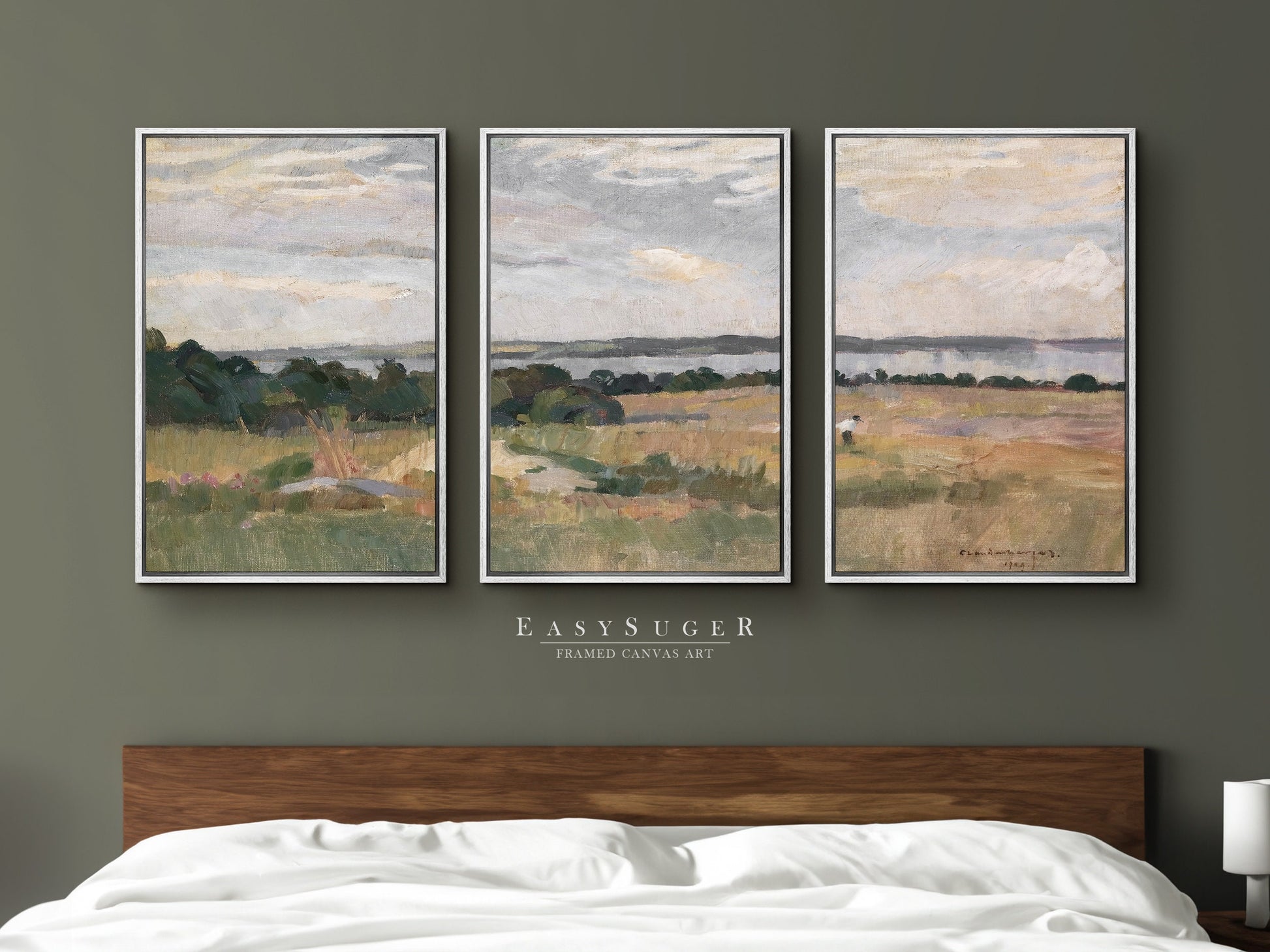 EasySuger 3 Panels Wildfield Landscape Wall Art, Vintage Nature Framed Large Gallery Art, Antique Art Ready to Hang