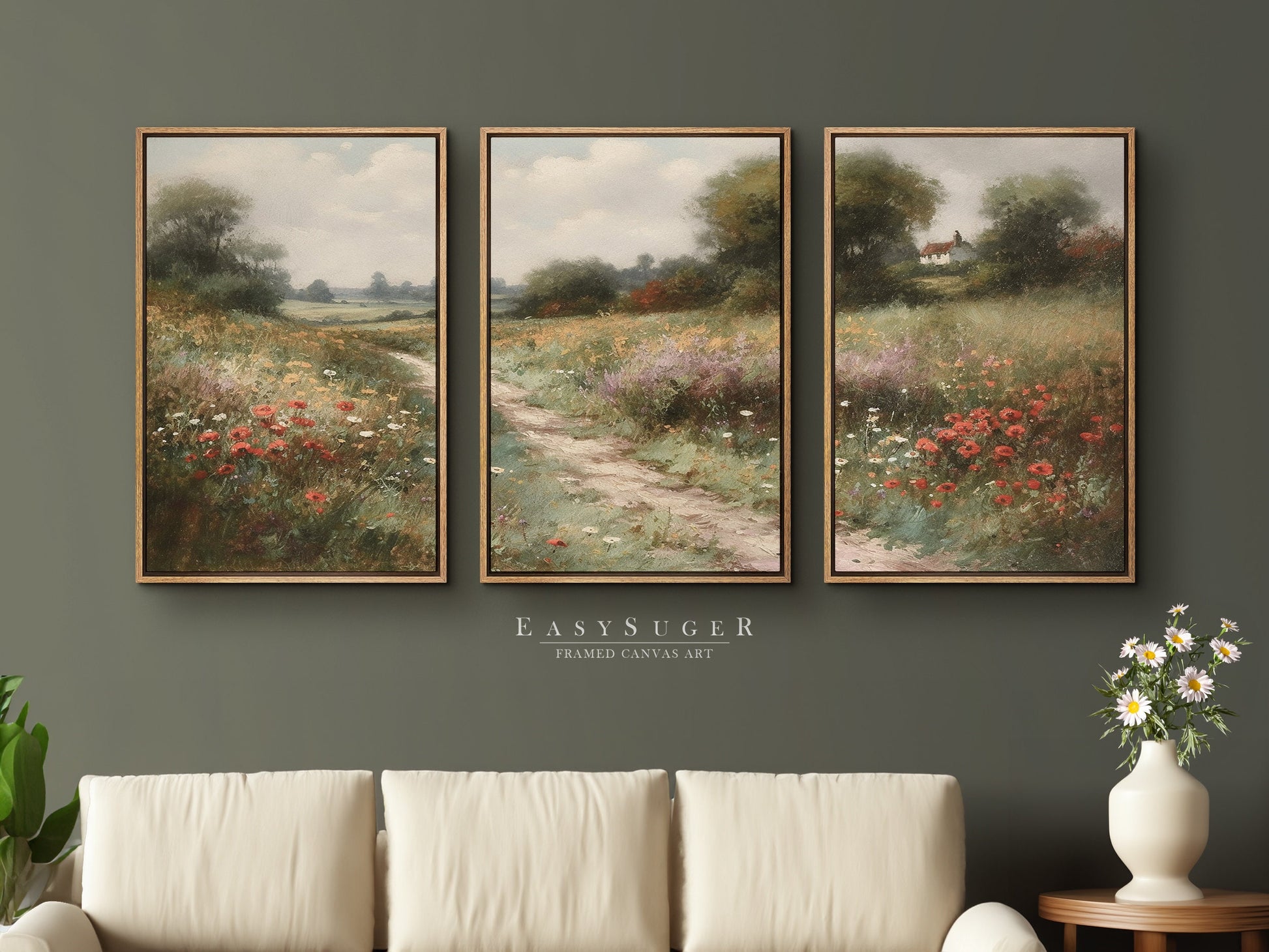 EasySuger 3 Panels Flowers Garden Wall Art, Vintage Nature Framed Large Gallery Art, Antique Art Ready to Hang