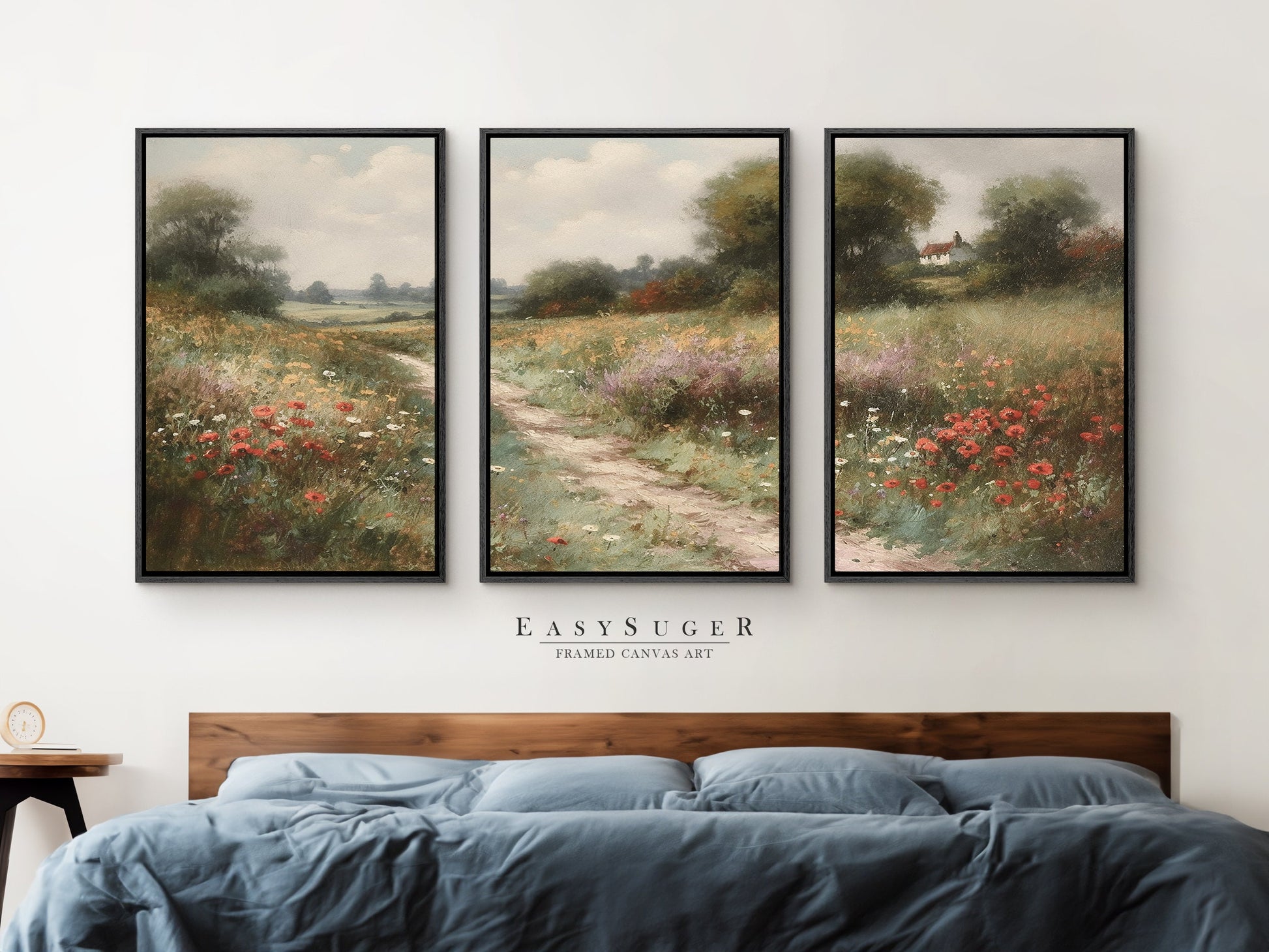 EasySuger 3 Panels Flowers Garden Wall Art, Vintage Nature Framed Large Gallery Art, Antique Art Ready to Hang