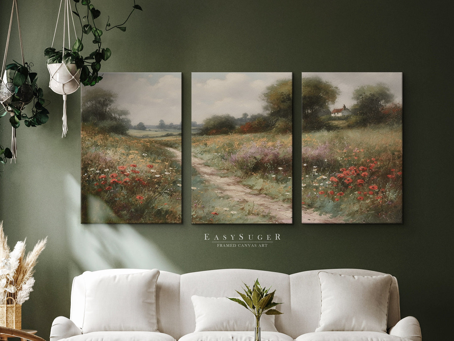 EasySuger 3 Panels Flowers Garden Wall Art, Vintage Nature Framed Large Gallery Art, Antique Art Ready to Hang