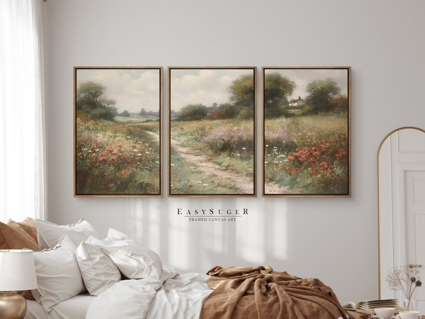 EasySuger 3 Panels Flowers Garden Wall Art, Vintage Nature Framed Large Gallery Art, Antique Art Ready to Hang