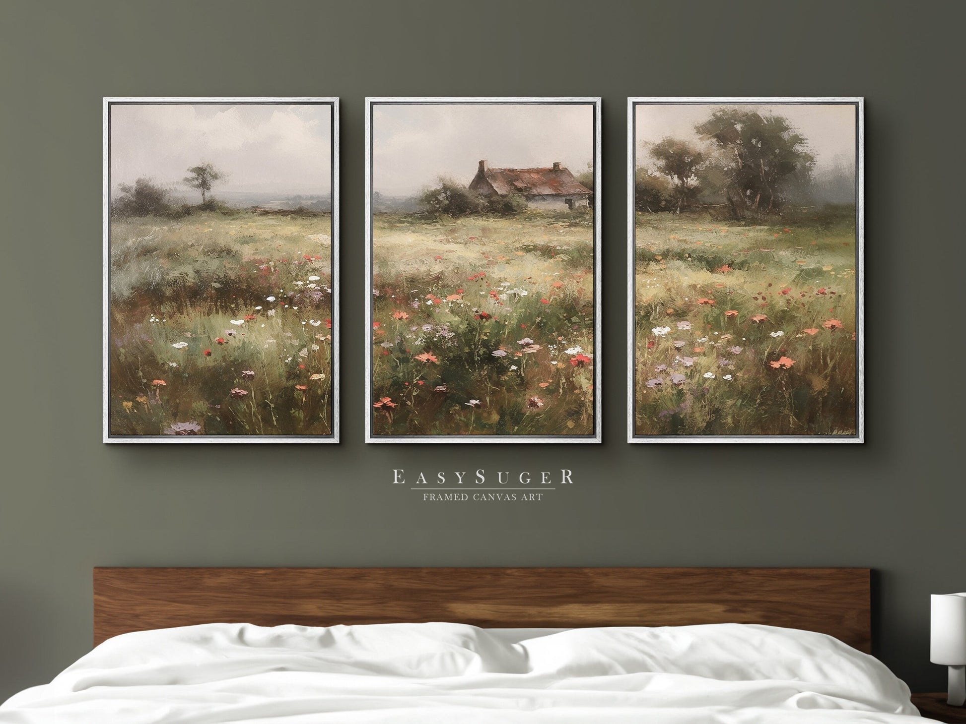 EasySuger 3 Panels Flowers Garden Wall Art, Vintage Nature Framed Large Gallery Art, Antique Art Ready to Hang