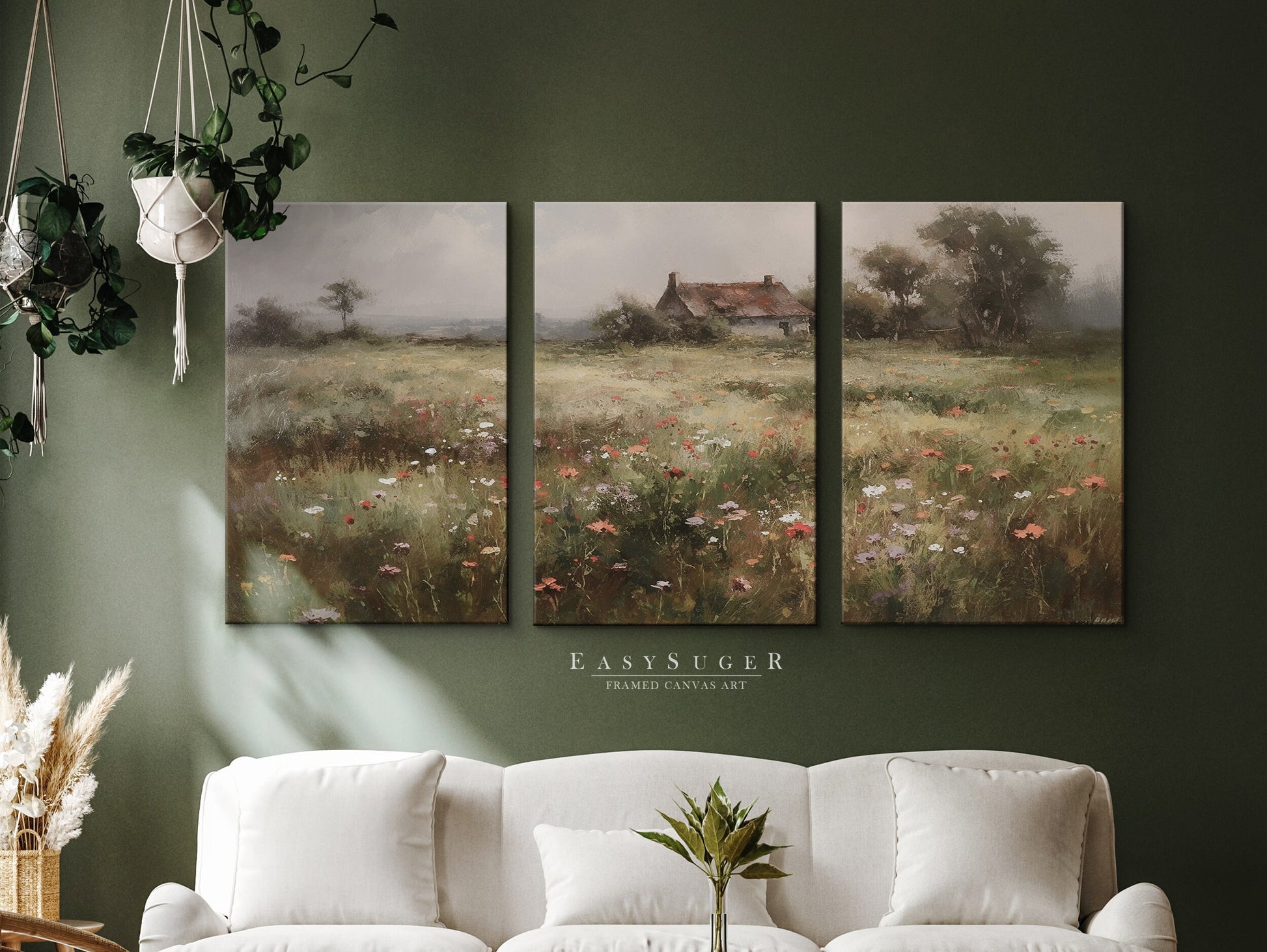 EasySuger 3 Panels Flowers Garden Wall Art, Vintage Nature Framed Large Gallery Art, Antique Art Ready to Hang