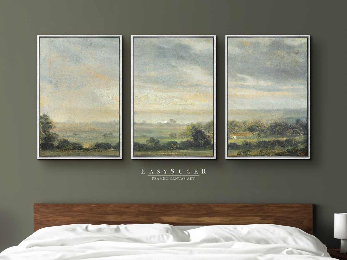 EasySuger 3 Panels Watercolor Landscape Wall Art, Vintage Nature Framed Large Gallery Art, Antique Art Ready to Hang