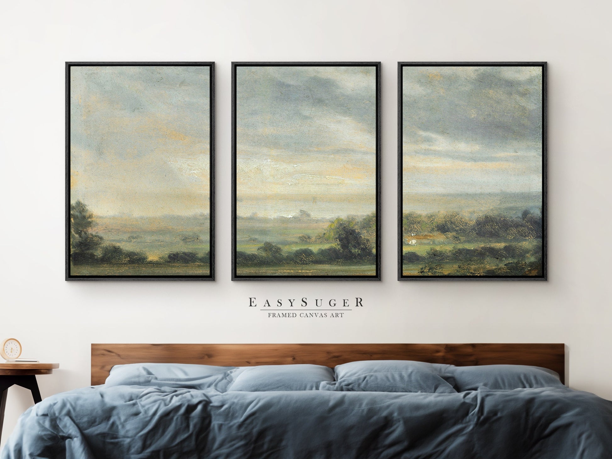 EasySuger 3 Panels Watercolor Landscape Wall Art, Vintage Nature Framed Large Gallery Art, Antique Art Ready to Hang