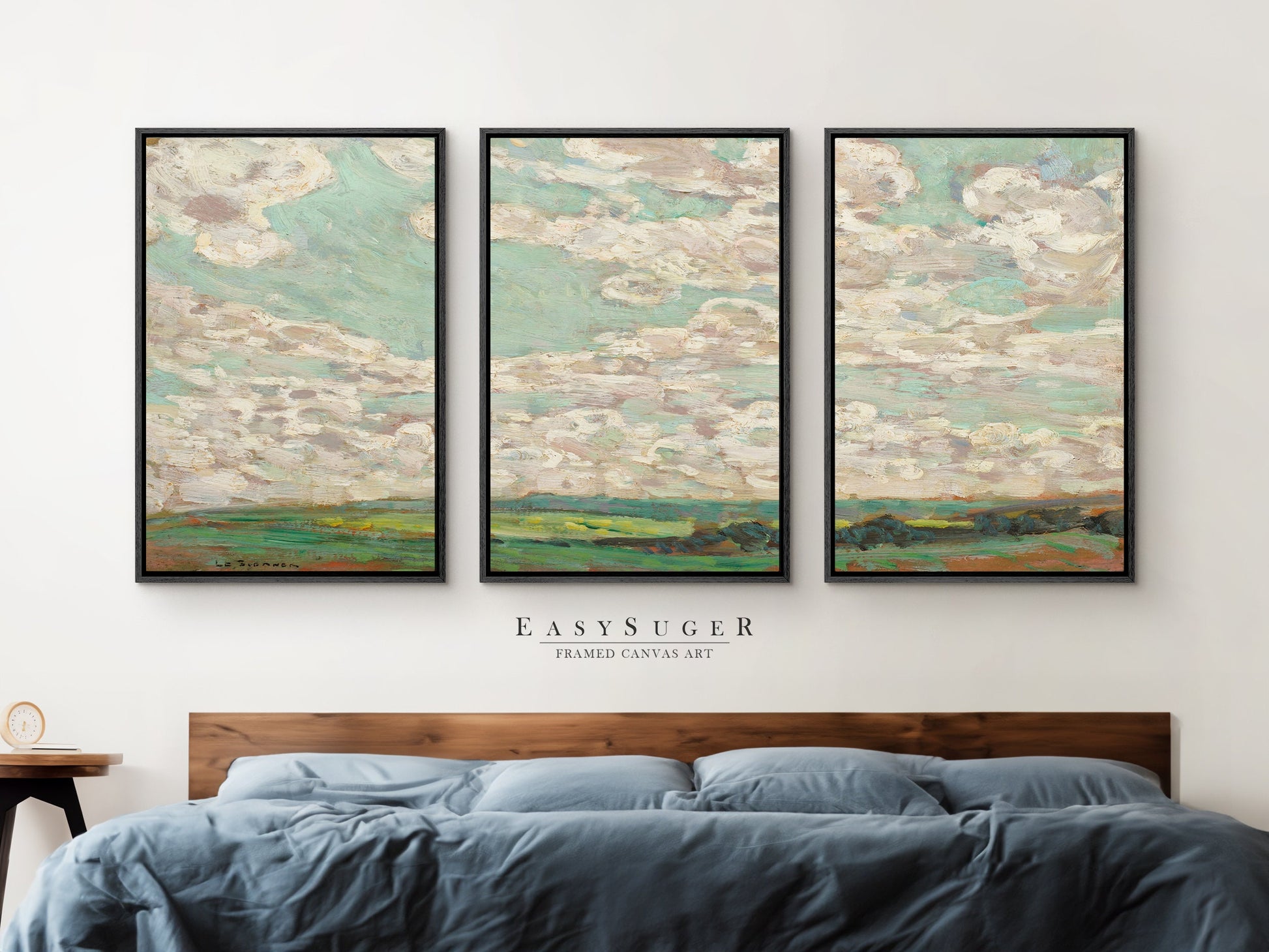 EasySuger 3 Panels Abstract Cloudy Wildfield Wall Art, Vintage Nature Framed Large Gallery Art, Antique Art Ready to Hang