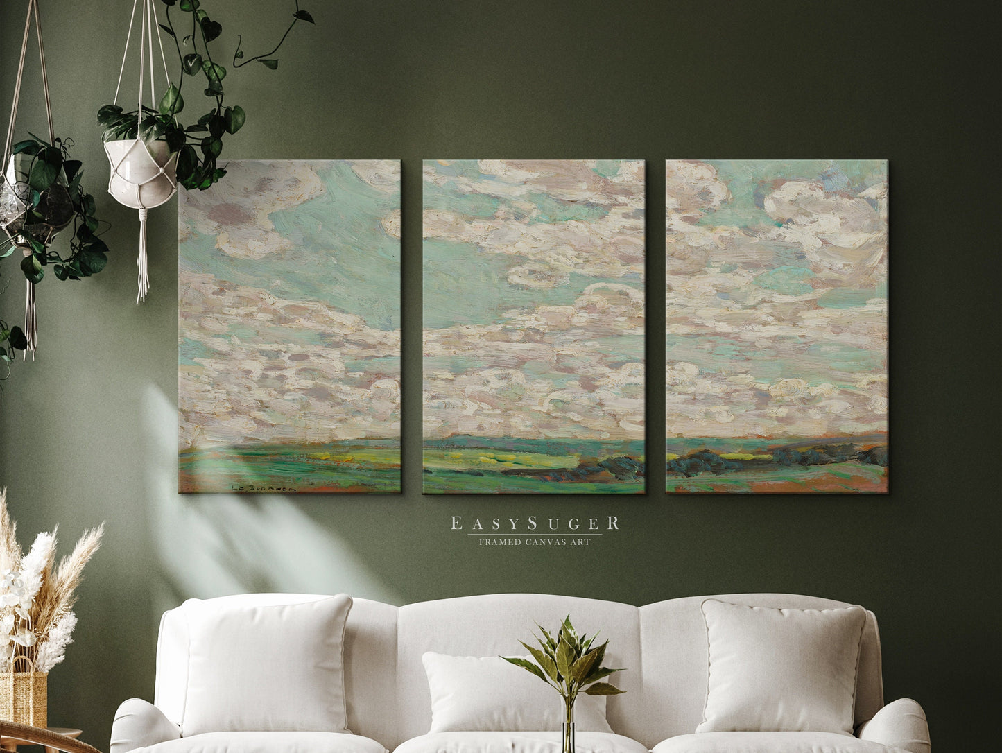 EasySuger 3 Panels Abstract Cloudy Wildfield Wall Art, Vintage Nature Framed Large Gallery Art, Antique Art Ready to Hang