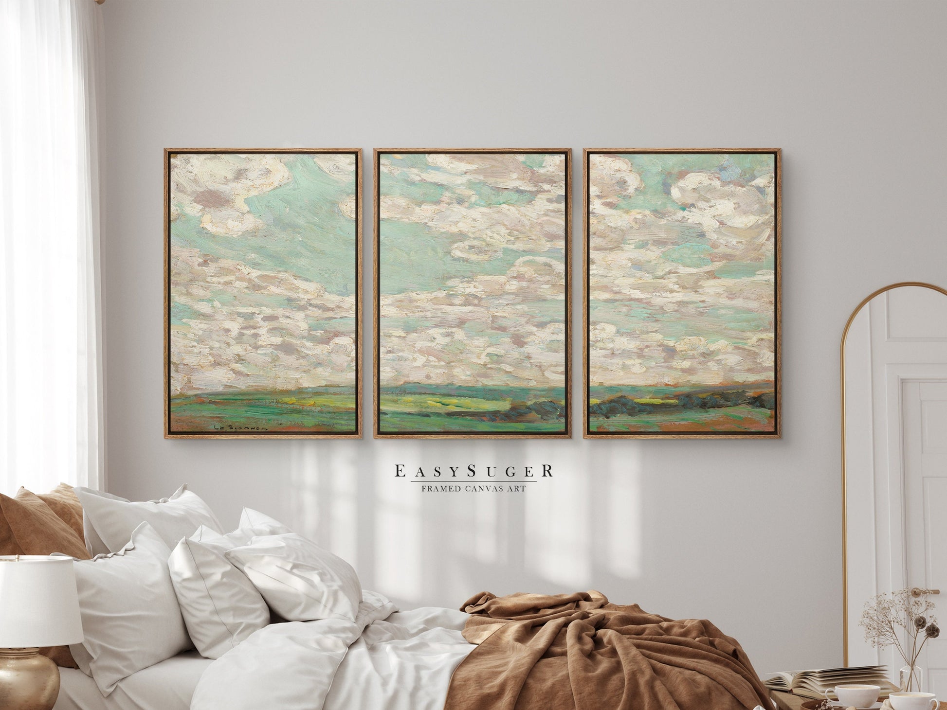 EasySuger 3 Panels Abstract Cloudy Wildfield Wall Art, Vintage Nature Framed Large Gallery Art, Antique Art Ready to Hang