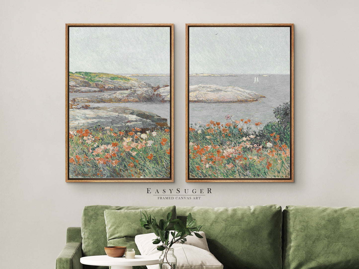 EasySuger 2 Panels FlowerField By the sea Wall Art, Vintage Nature Framed Large Gallery Art, Antique Art Ready to Hang