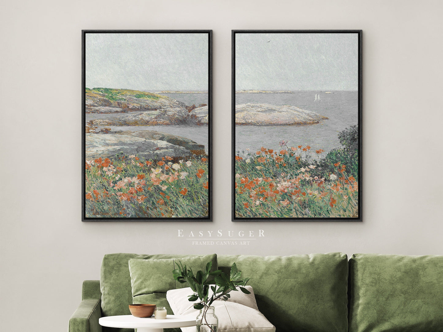 EasySuger 2 Panels FlowerField By the sea Wall Art, Vintage Nature Framed Large Gallery Art, Antique Art Ready to Hang