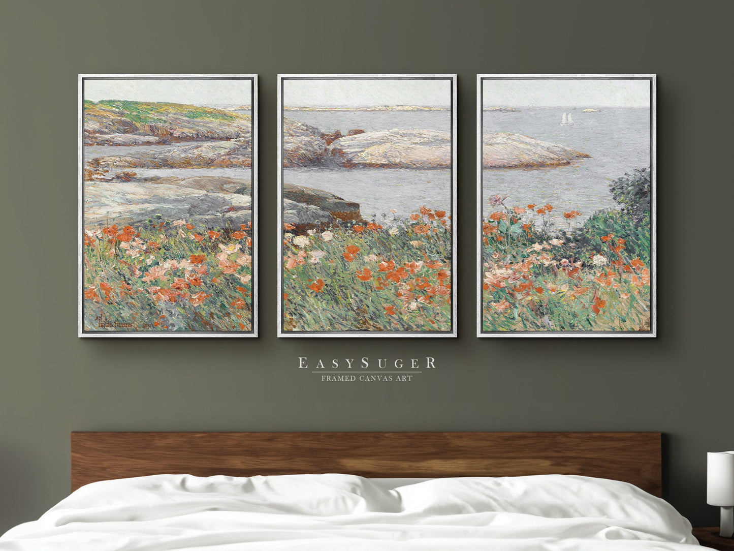 EasySuger 3 Panels flower field by the sea Wall Art, Vintage Nature Framed Large Gallery Art, Antique Art Ready to Hang