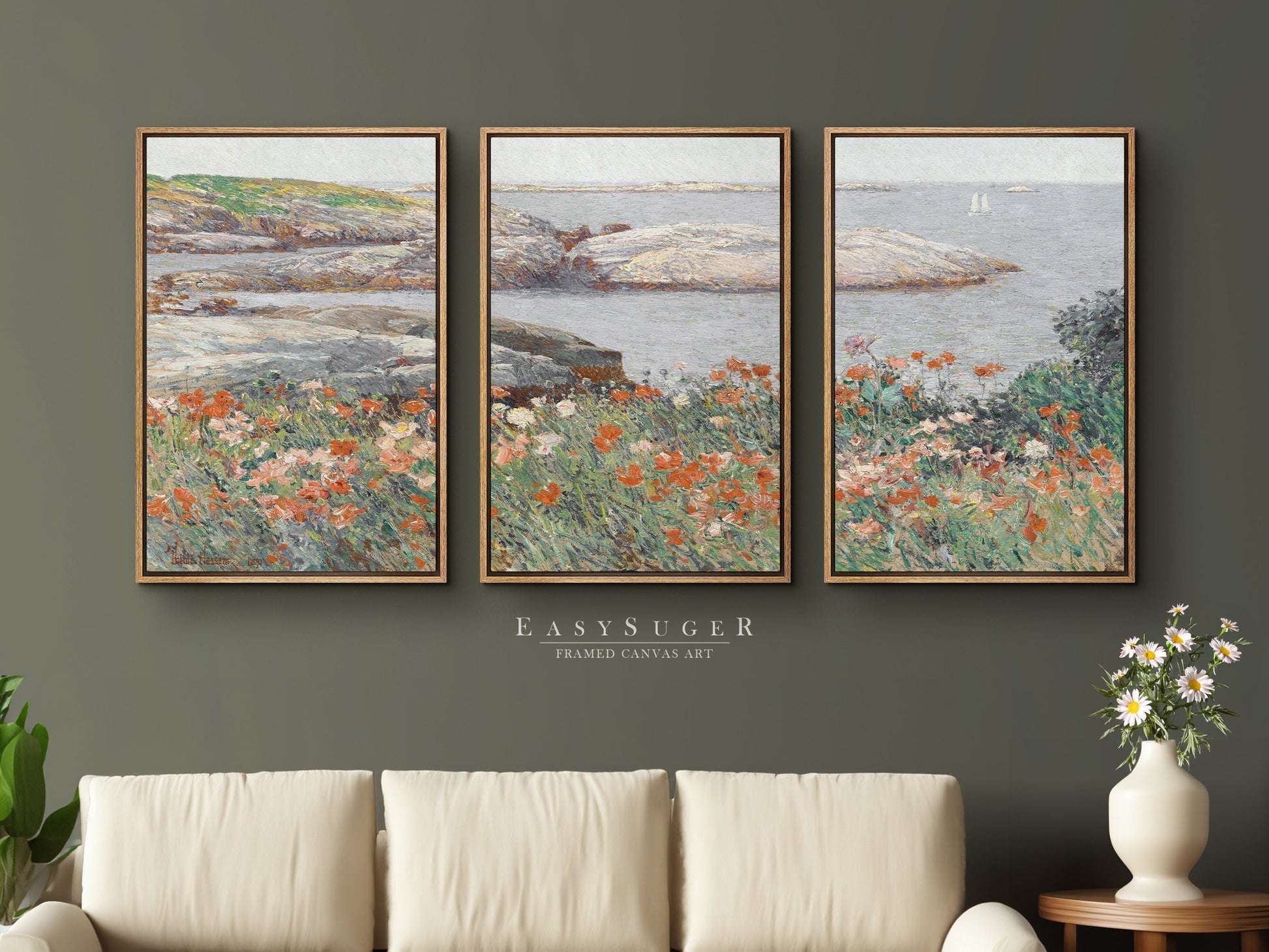 EasySuger 3 Panels flower field by the sea Wall Art, Vintage Nature Framed Large Gallery Art, Antique Art Ready to Hang