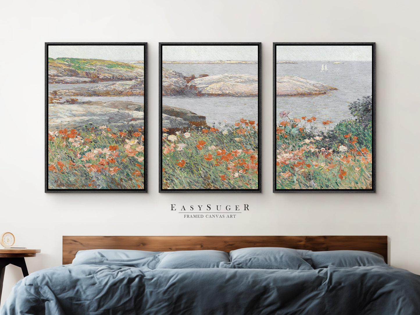 EasySuger 3 Panels flower field by the sea Wall Art, Vintage Nature Framed Large Gallery Art, Antique Art Ready to Hang