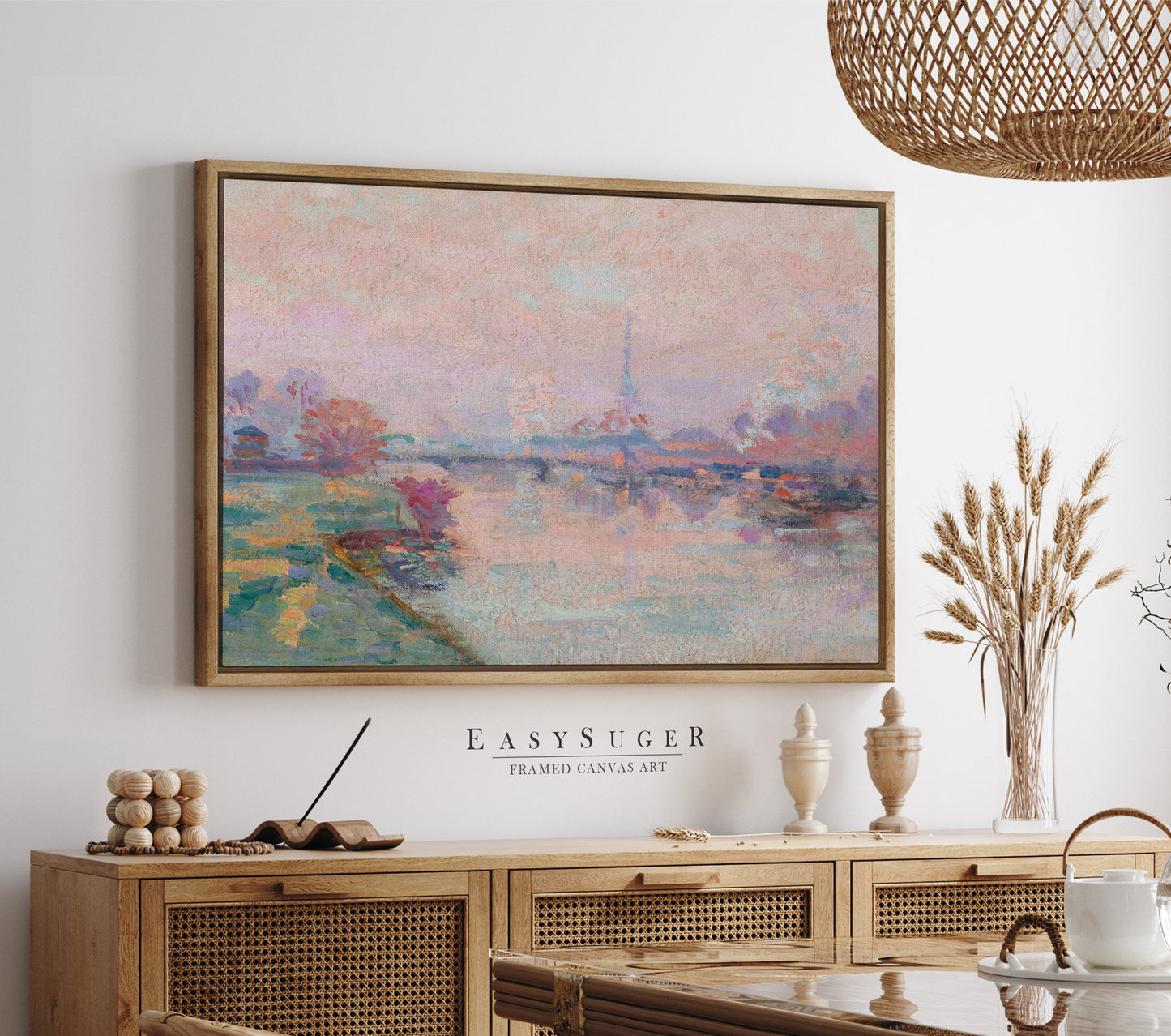 French Paris Antique Cityscape Painting | Botanica l Vintage French Inspired Wall Art in Pastel Pink | Framed Canvas Wall art Print | PR1