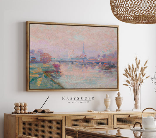 French Paris Antique Cityscape Painting | Botanica l Vintage French Inspired Wall Art in Pastel Pink | Framed Canvas Wall art Print | PR1