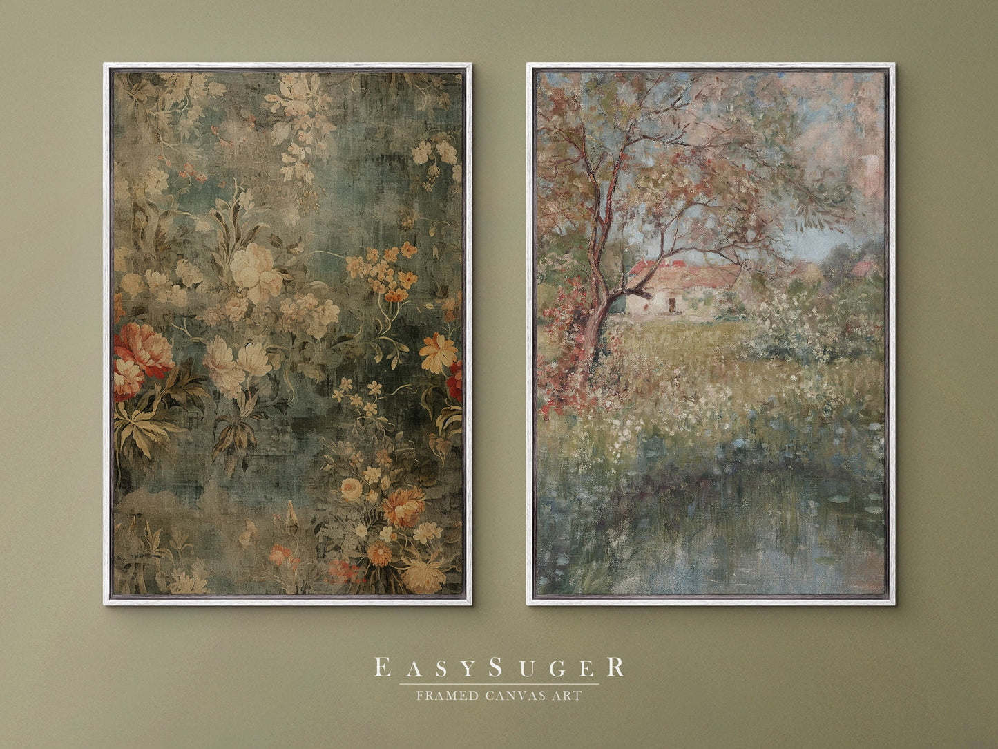 EasySuger 2 Panels Antique European Tapestry | Vintage Nature Framed Large Gallery Art, Antique Art Ready to Hang