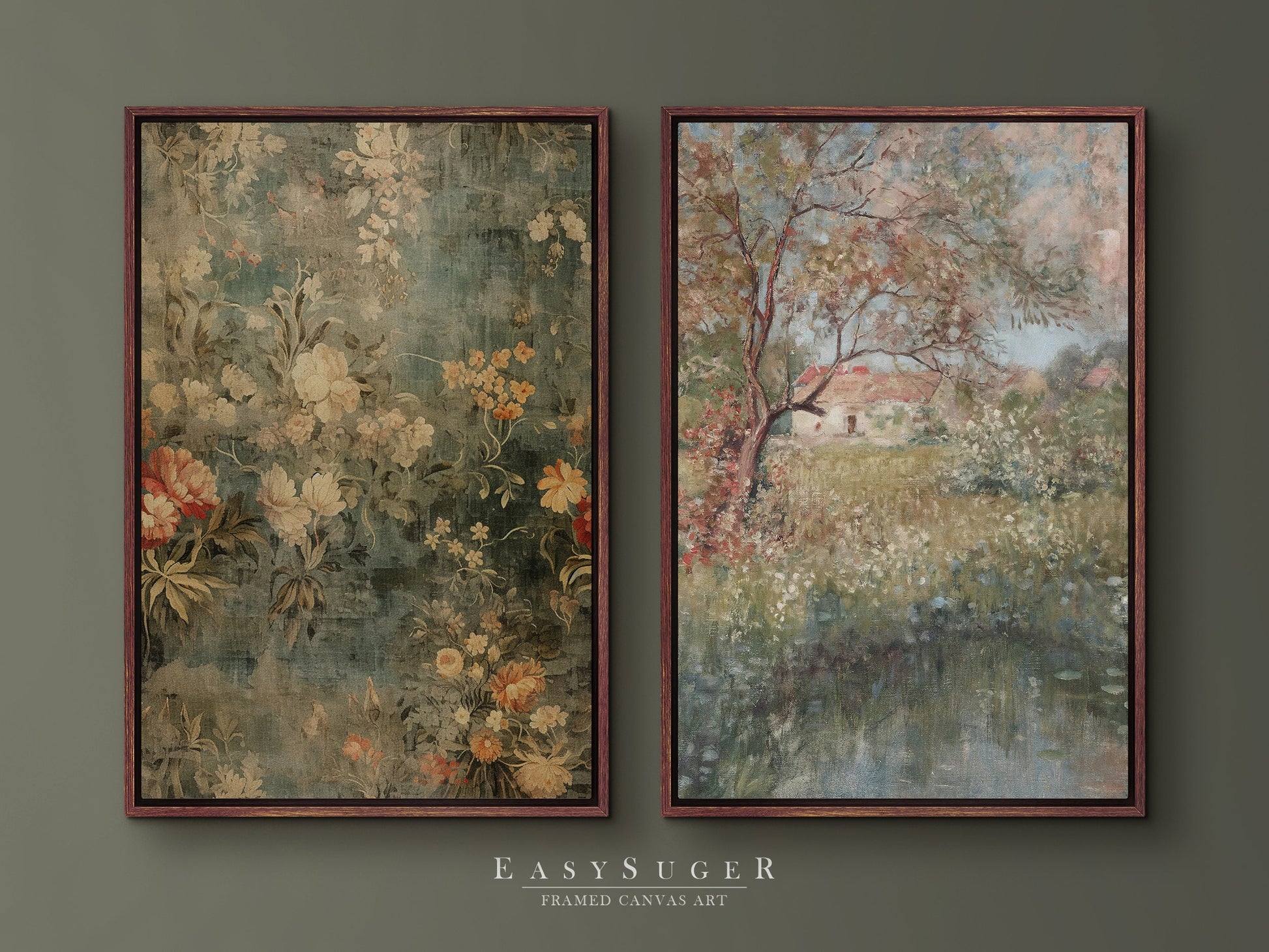 EasySuger 2 Panels Antique European Tapestry | Vintage Nature Framed Large Gallery Art, Antique Art Ready to Hang