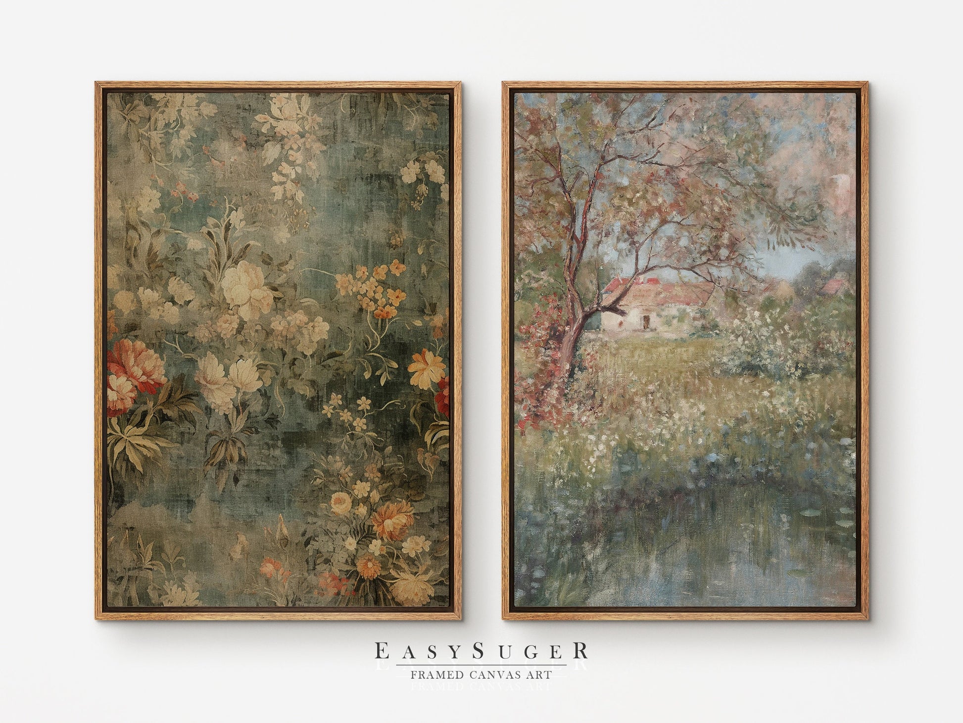 EasySuger 2 Panels Antique European Tapestry | Vintage Nature Framed Large Gallery Art, Antique Art Ready to Hang