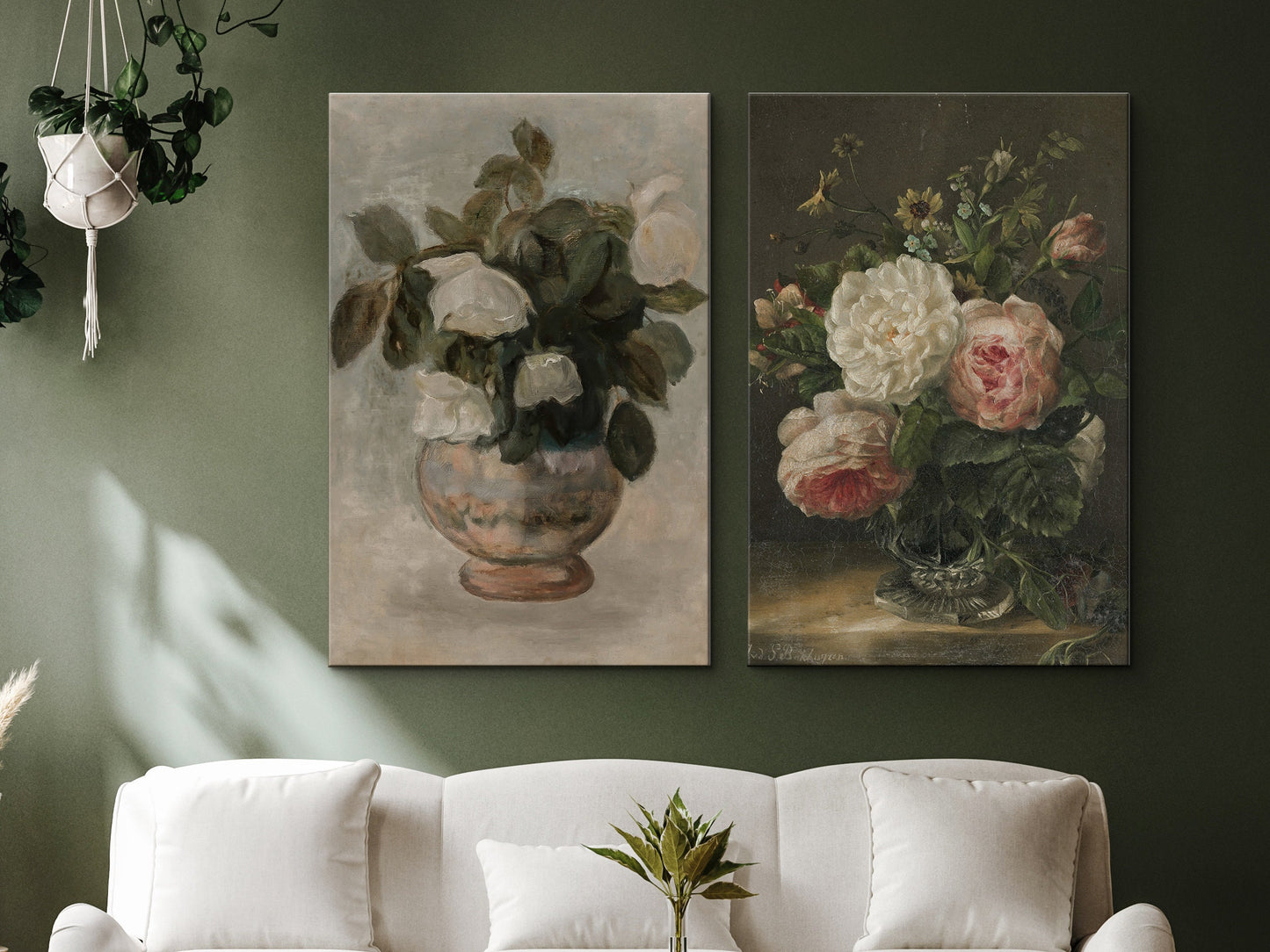 EasySuger 2 Panels Flower Vase Wall Art, Vintage Nature Framed Large Gallery Art, Antique Art Ready to Hang