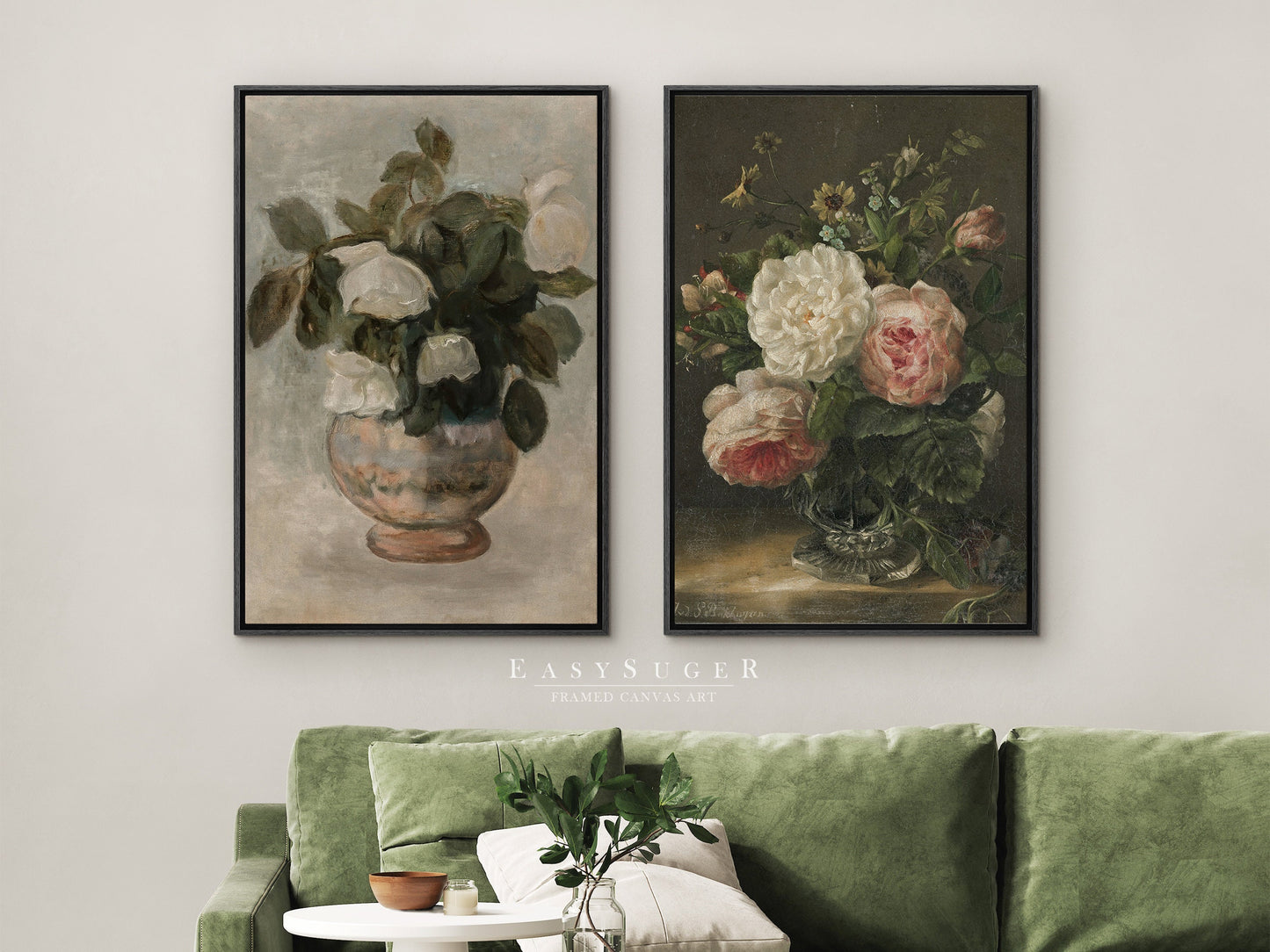 EasySuger 2 Panels Flower Vase Wall Art, Vintage Nature Framed Large Gallery Art, Antique Art Ready to Hang