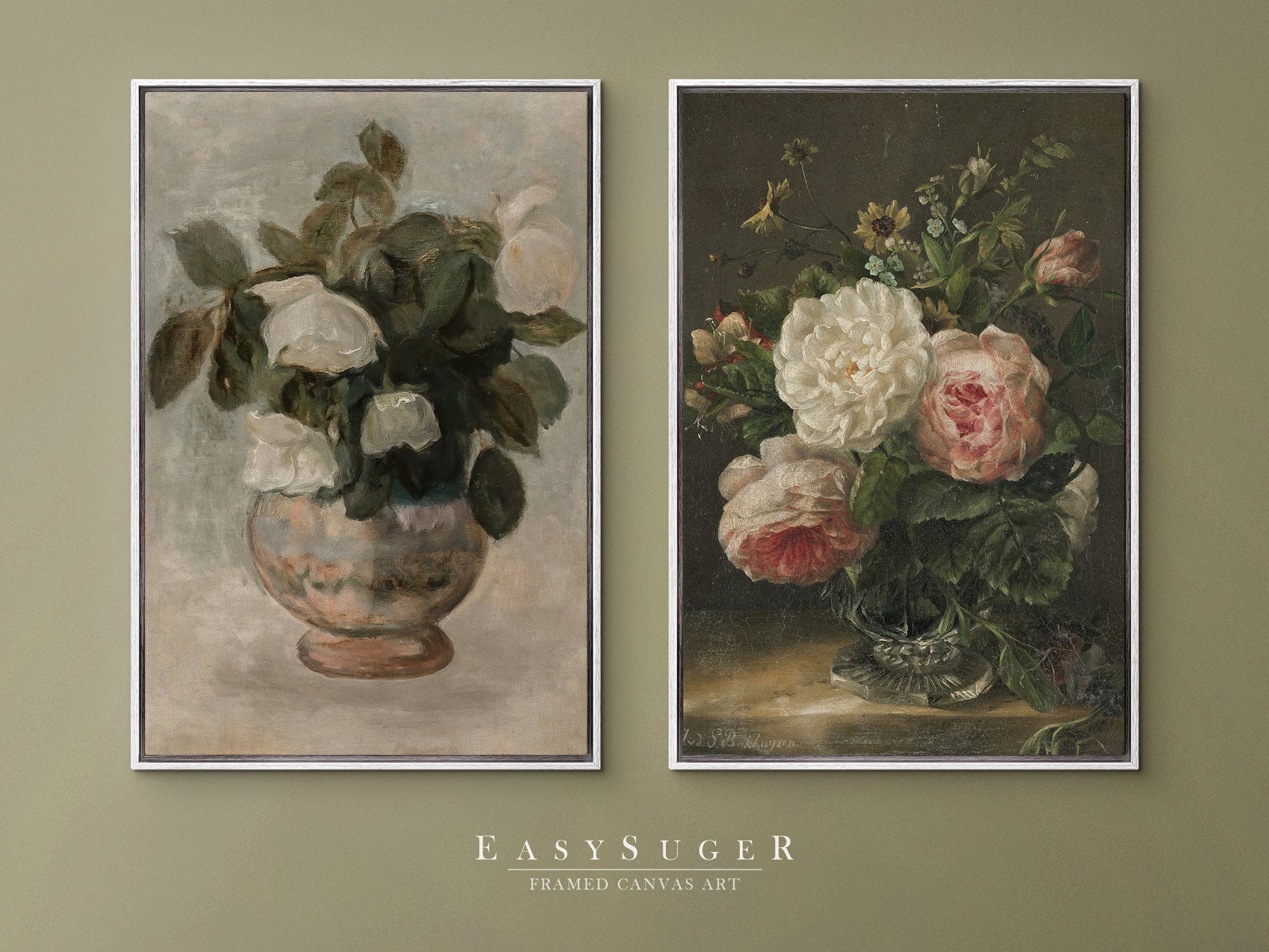 EasySuger 2 Panels Flower Vase Wall Art, Vintage Nature Framed Large Gallery Art, Antique Art Ready to Hang