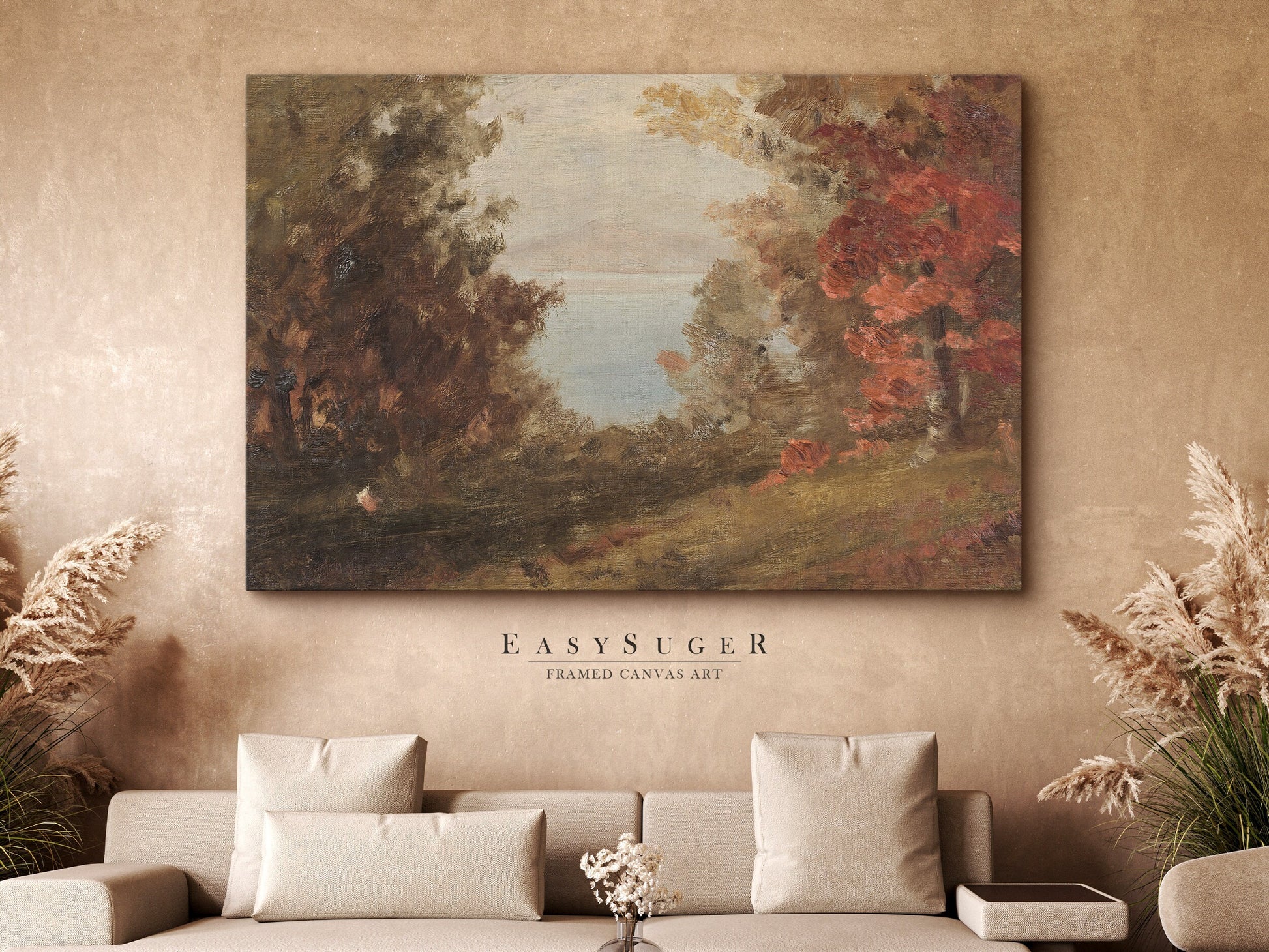 EasySuger Autumn by the River Framed Canvas Art, Nature Framed Large Gallery Art, Minimalist Art Ready to Hang (with hanging kit) VT-38