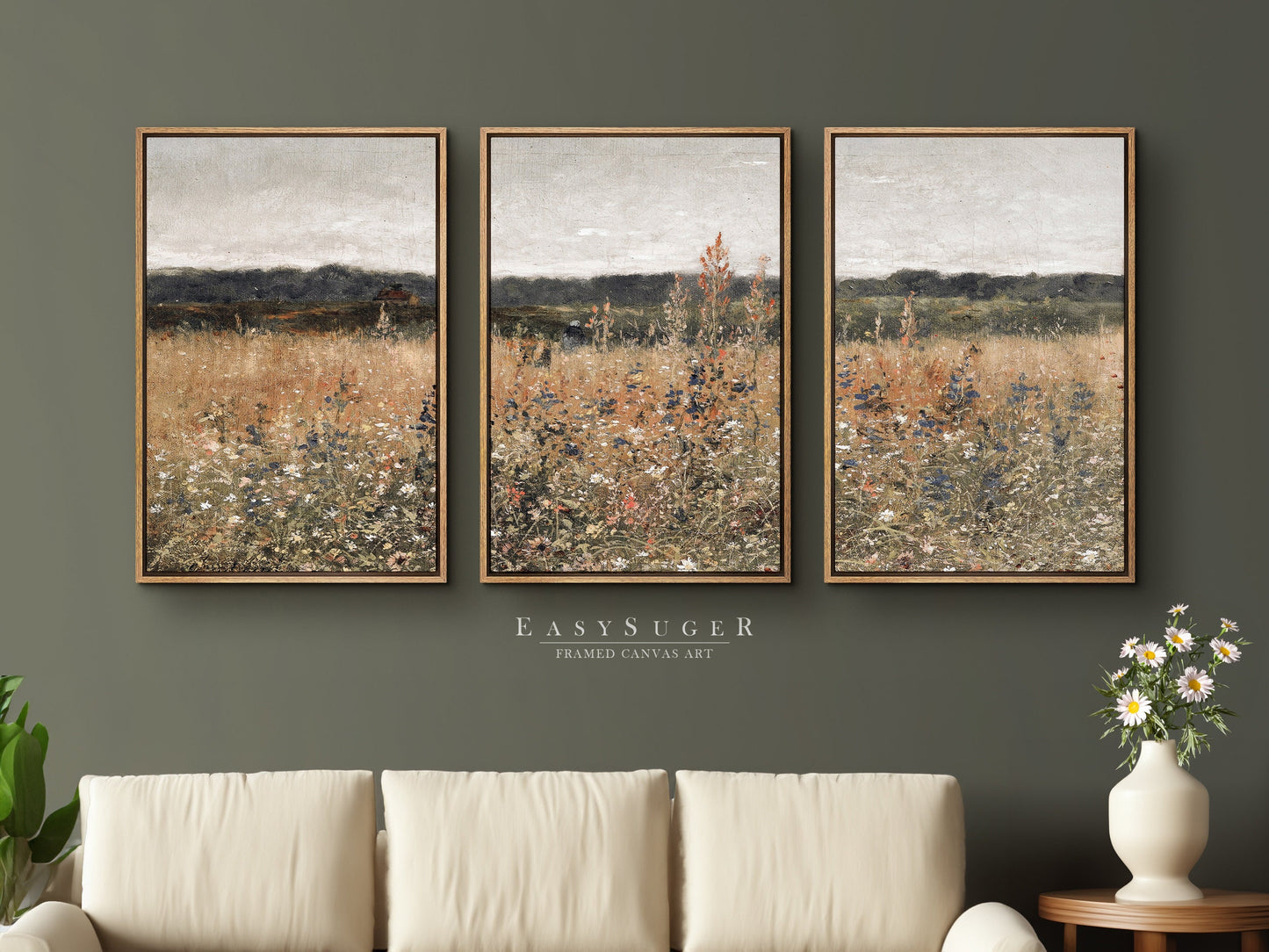 EasySuger 3 Panels Wildflowers field Landscape Wall Art, Vintage Nature Framed Large Gallery Art, Antique Art Ready to Hang | 3GH