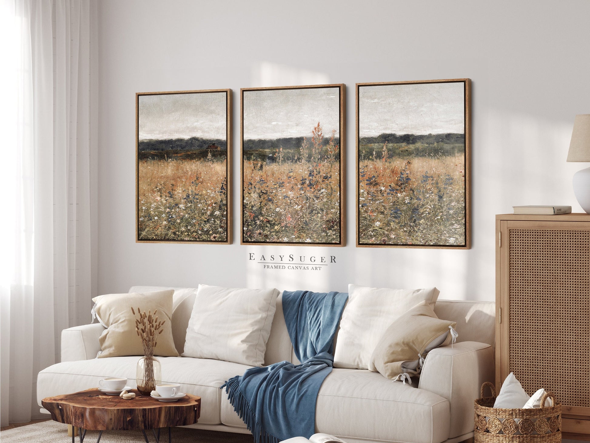 EasySuger 3 Panels Wildflowers field Landscape Wall Art, Vintage Nature Framed Large Gallery Art, Antique Art Ready to Hang | 3GH