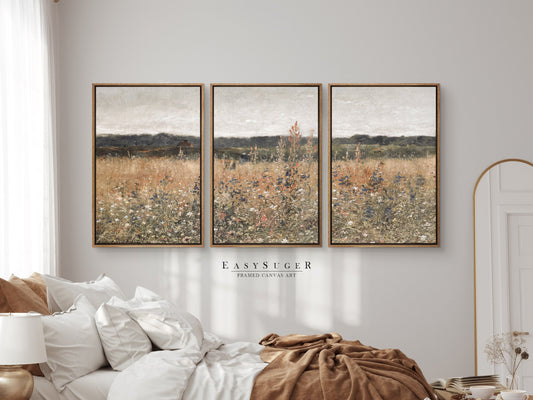 EasySuger 3 Panels Wildflowers field Landscape Wall Art, Vintage Nature Framed Large Gallery Art, Antique Art Ready to Hang | 3GH