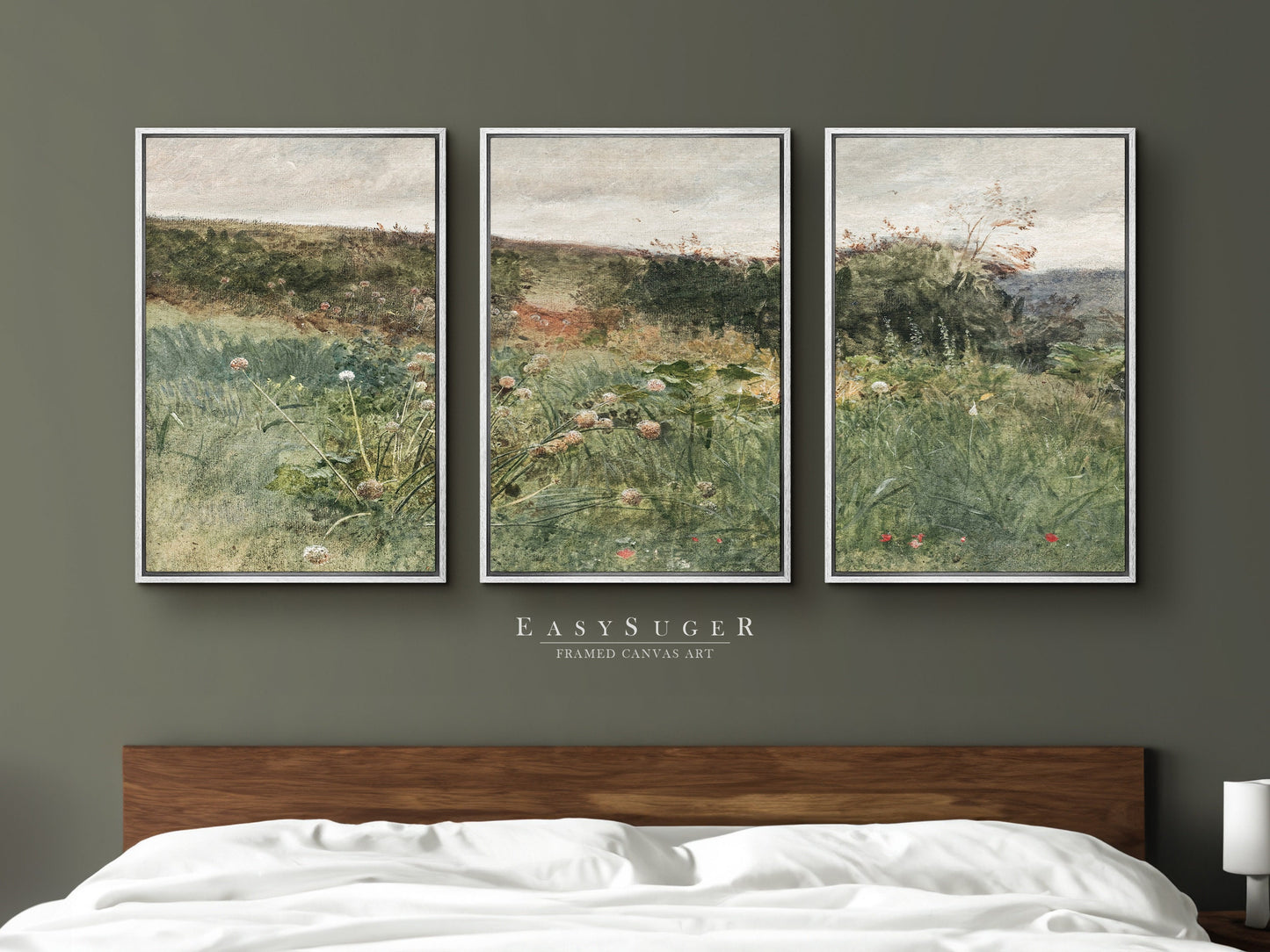 EasySuger 3 Panels Wildflowers field Landscape Wall Art, Vintage Nature Framed Large Gallery Art, Antique Art Ready to Hang