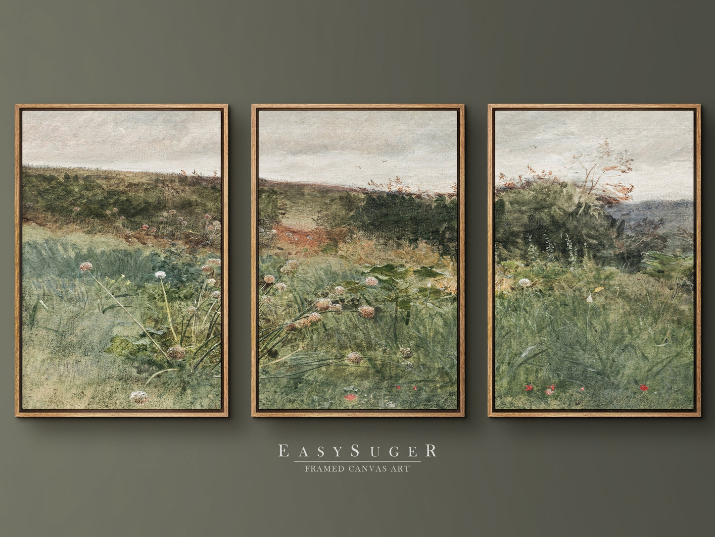 EasySuger 3 Panels Wildflowers field Landscape Wall Art, Vintage Nature Framed Large Gallery Art, Antique Art Ready to Hang