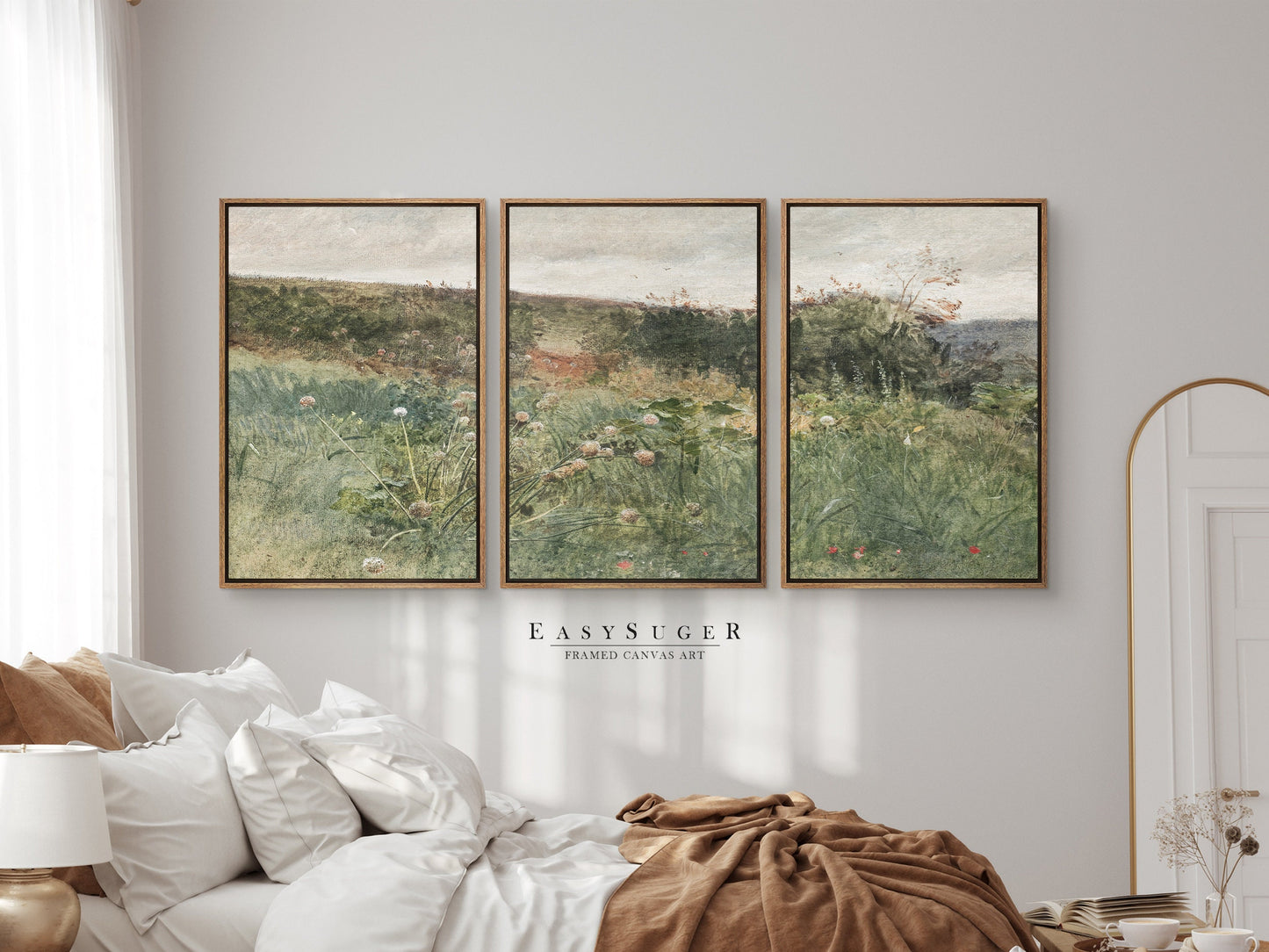 EasySuger 3 Panels Wildflowers field Landscape Wall Art, Vintage Nature Framed Large Gallery Art, Antique Art Ready to Hang