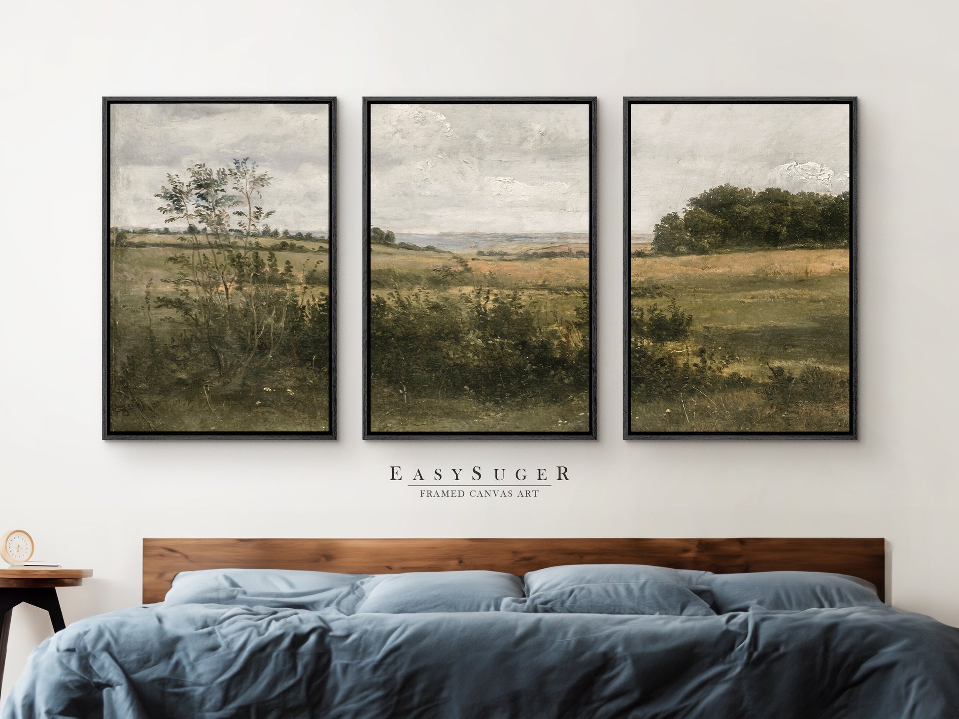 EasySuger 3 Panels Wildflowers field Landscape Wall Art, Vintage Nature Framed Large Gallery Art, Antique Art Ready to Hang