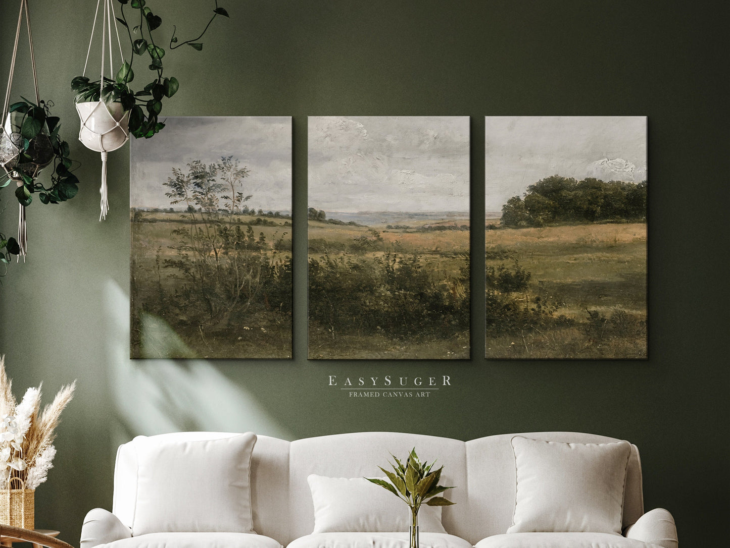 EasySuger 3 Panels Wildflowers field Landscape Wall Art, Vintage Nature Framed Large Gallery Art, Antique Art Ready to Hang