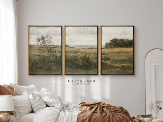 EasySuger 3 Panels Wildflowers field Landscape Wall Art, Vintage Nature Framed Large Gallery Art, Antique Art Ready to Hang