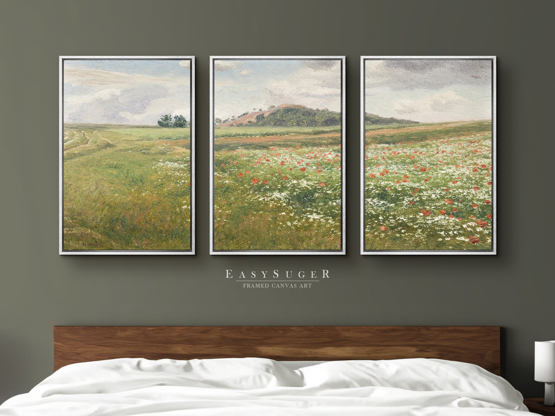 EasySuger 3 Panels Wildflowers field Landscape Wall Art, Vintage Nature Framed Large Gallery Art, Antique Art Ready to Hang